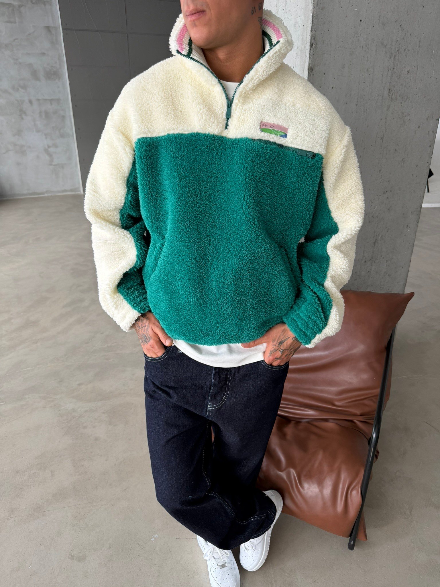 Premium Retro Peluş  Zip Sweat - Yeşil