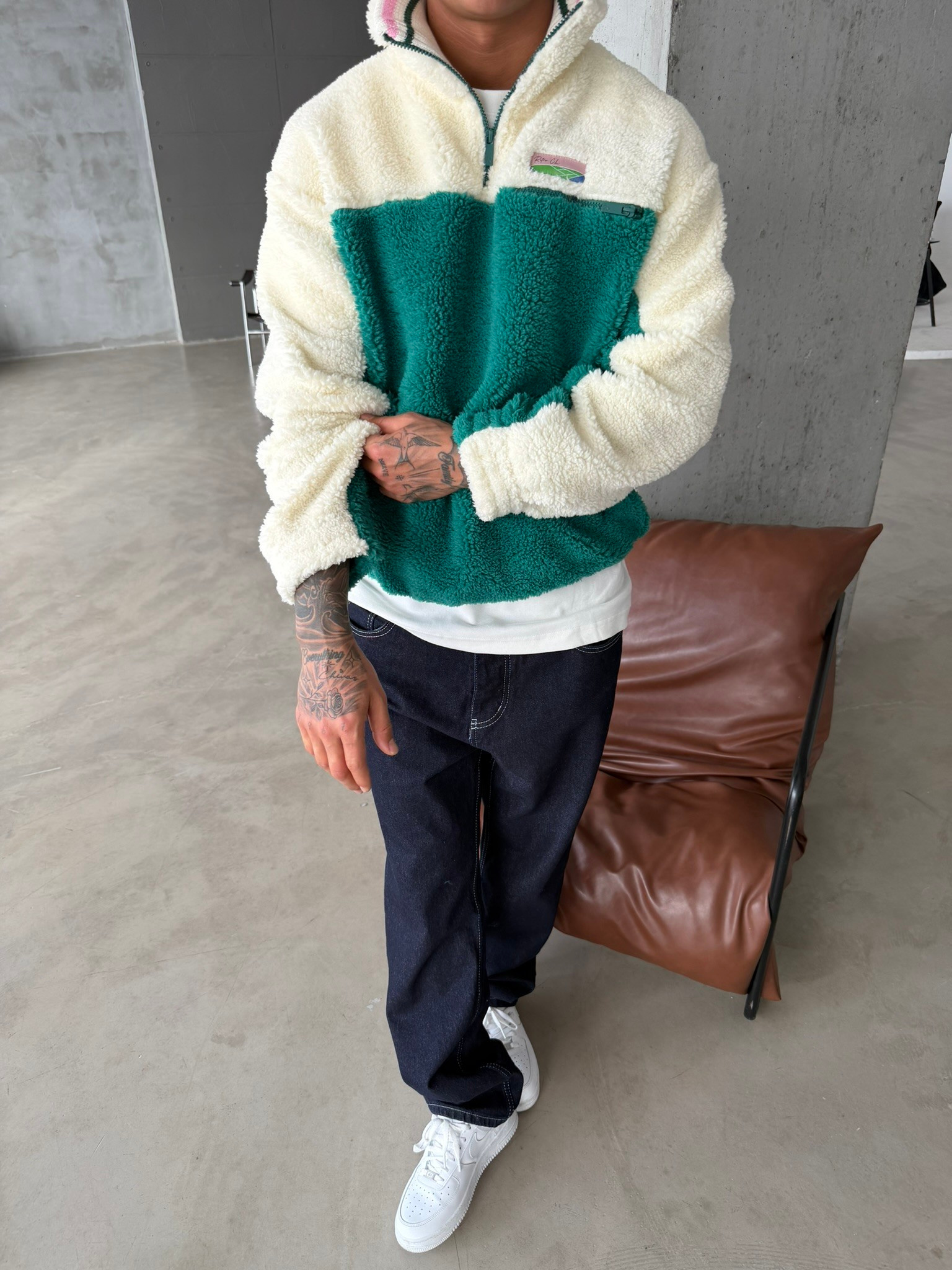 Premium Retro Peluş  Zip Sweat - Yeşil