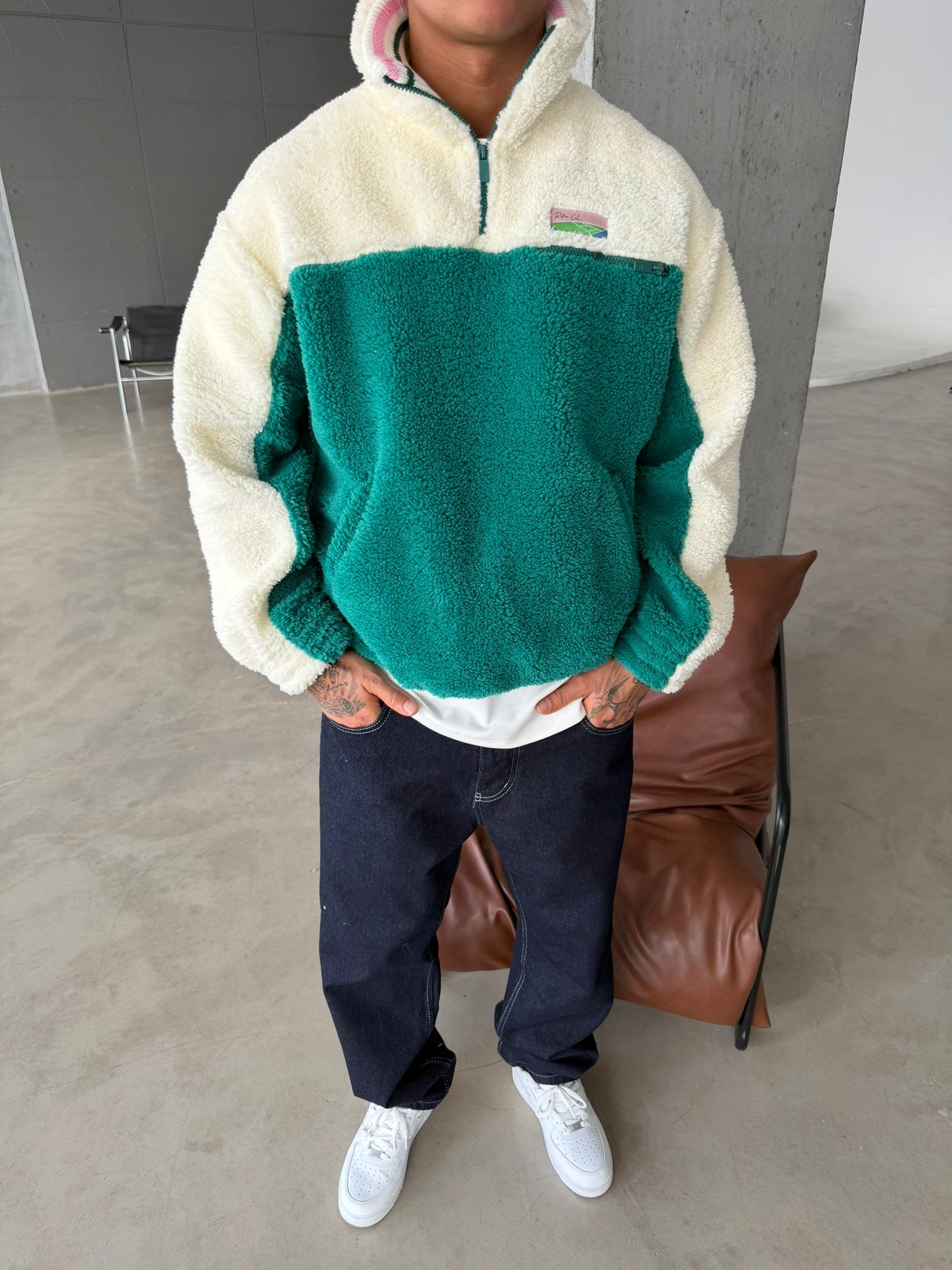 Premium Retro Peluş  Zip Sweat - Yeşil