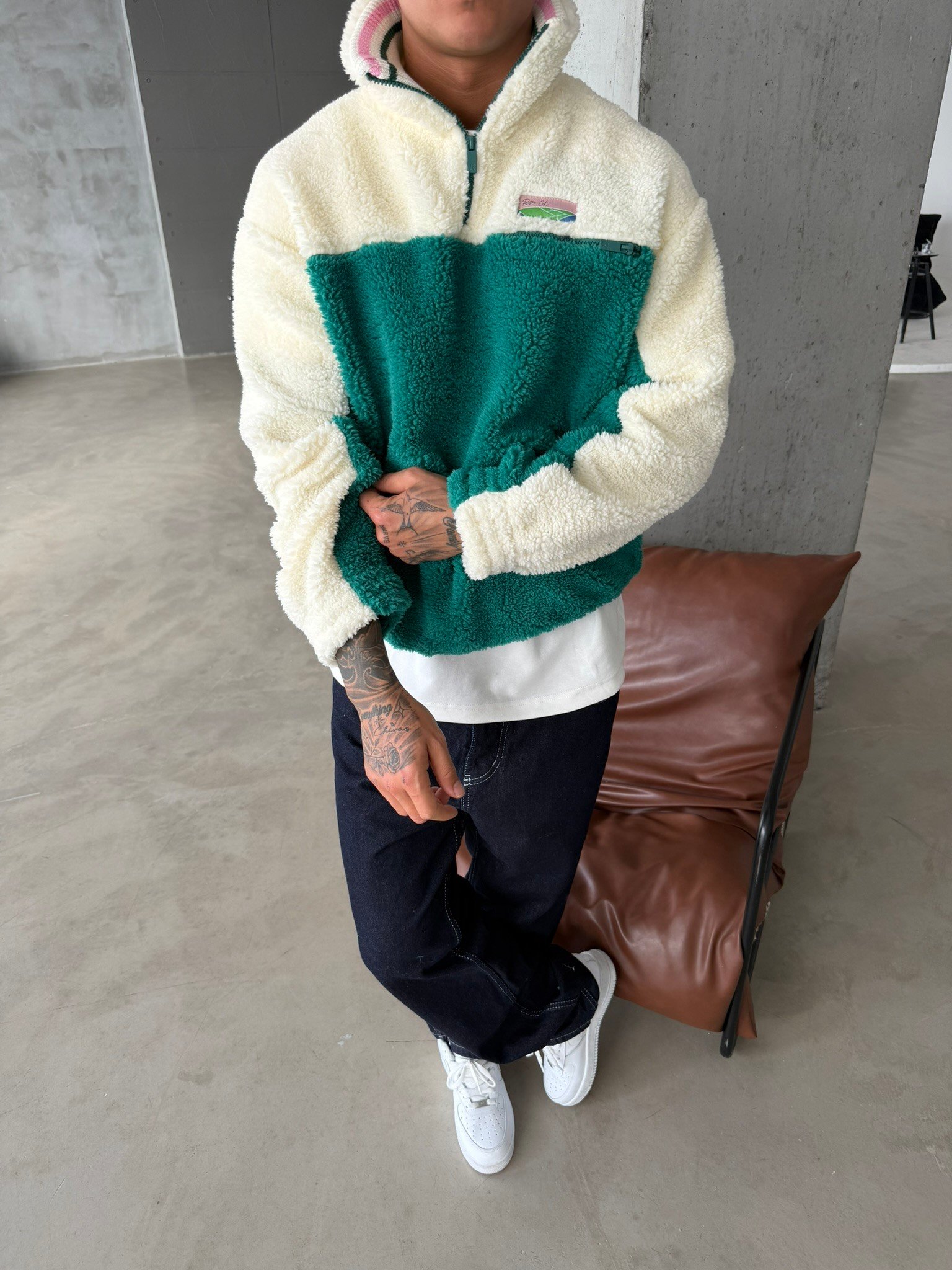 Premium Retro Peluş  Zip Sweat - Yeşil