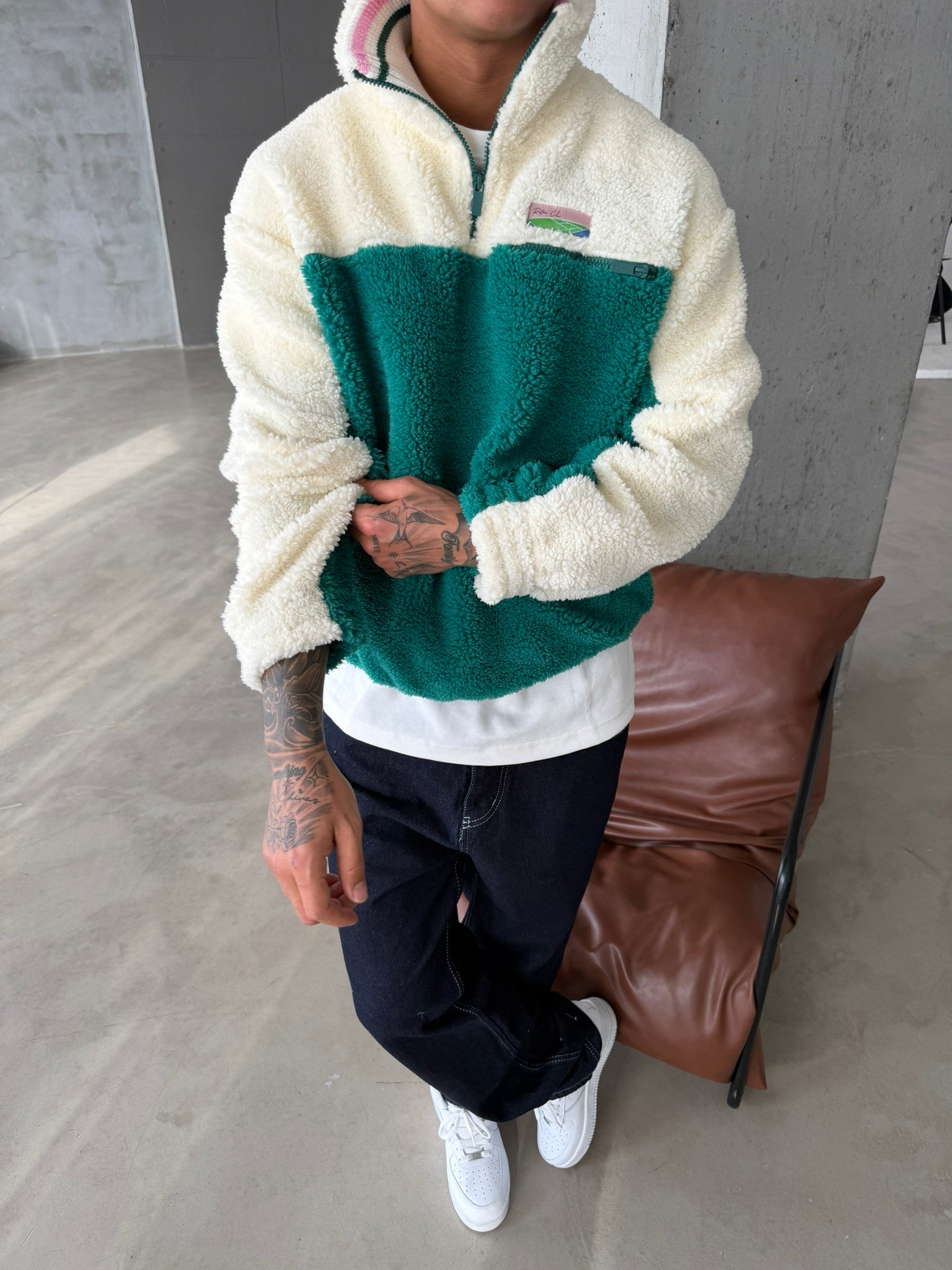 Premium Retro Peluş  Zip Sweat - Yeşil