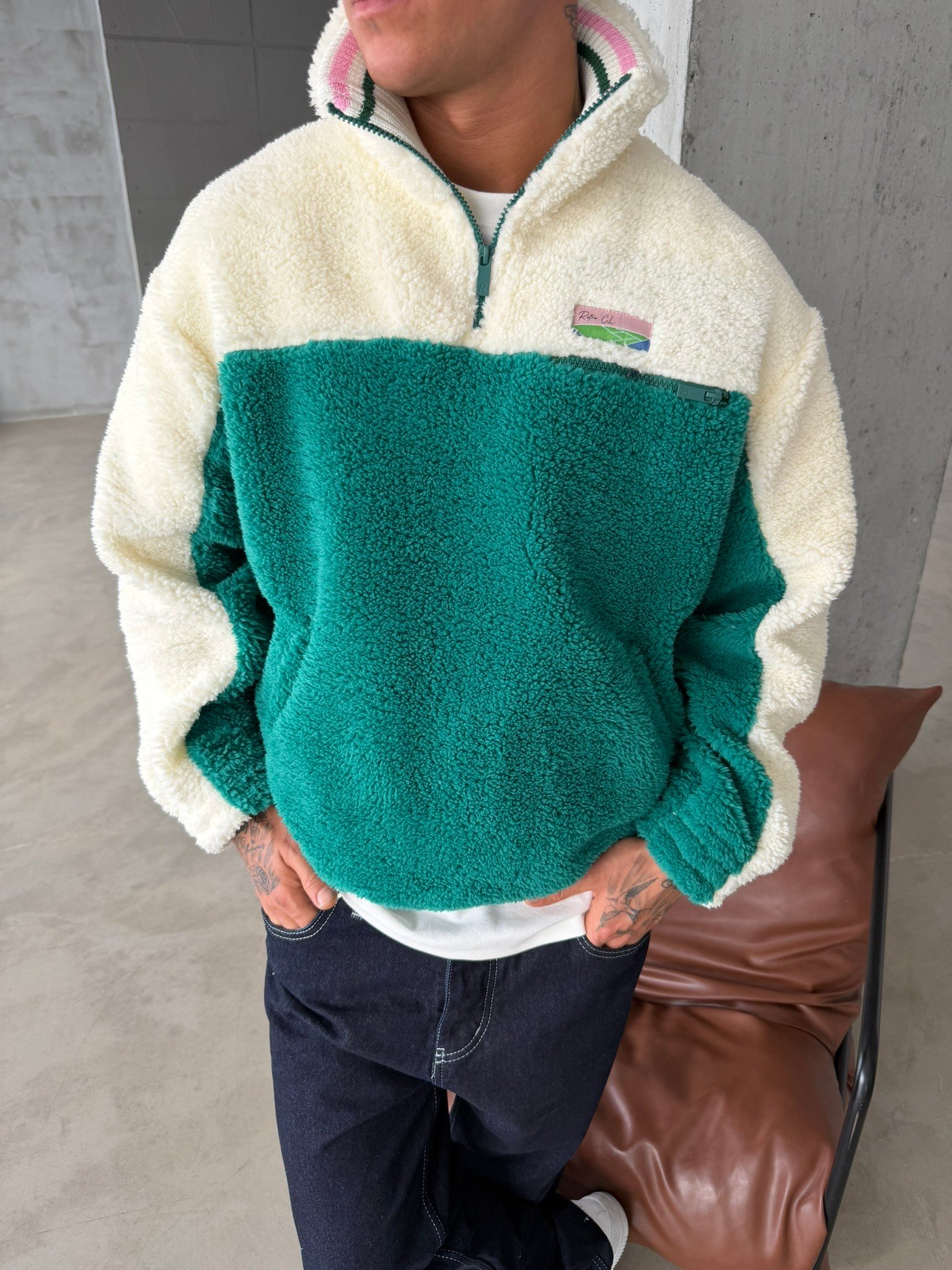 Premium Retro Peluş  Zip Sweat - Yeşil