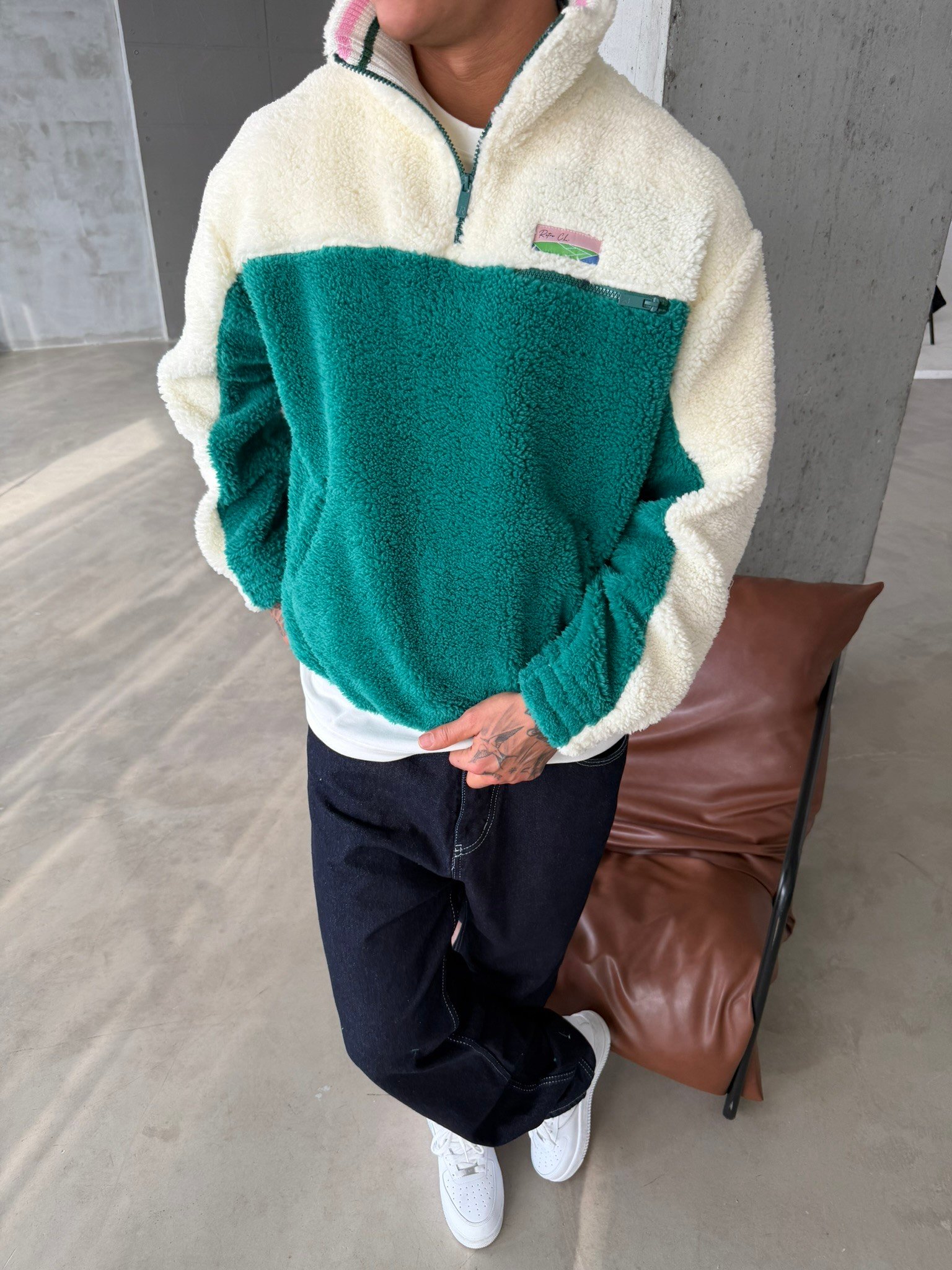 Premium Retro Peluş  Zip Sweat - Yeşil