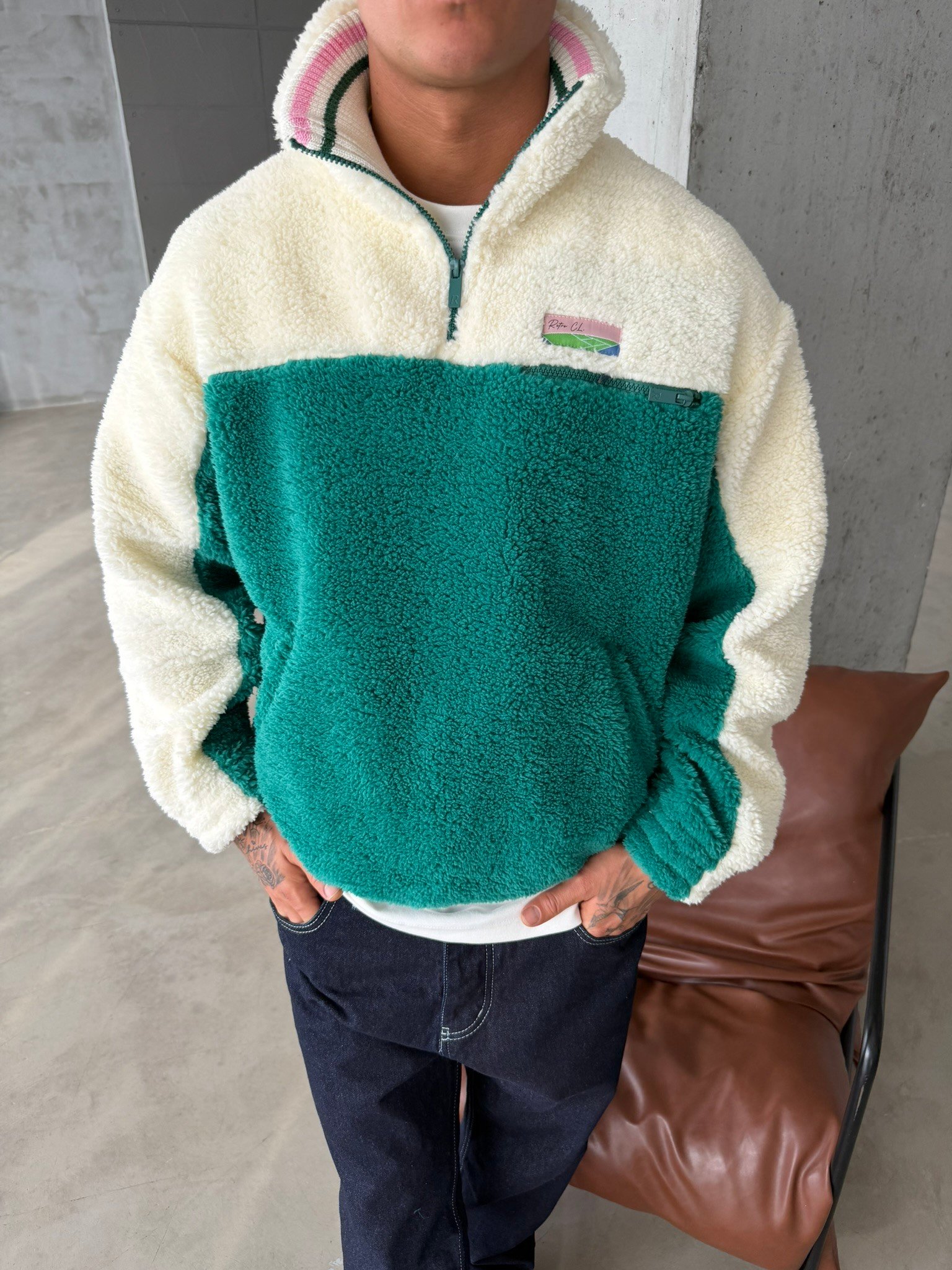 Premium Retro Peluş  Zip Sweat - Yeşil