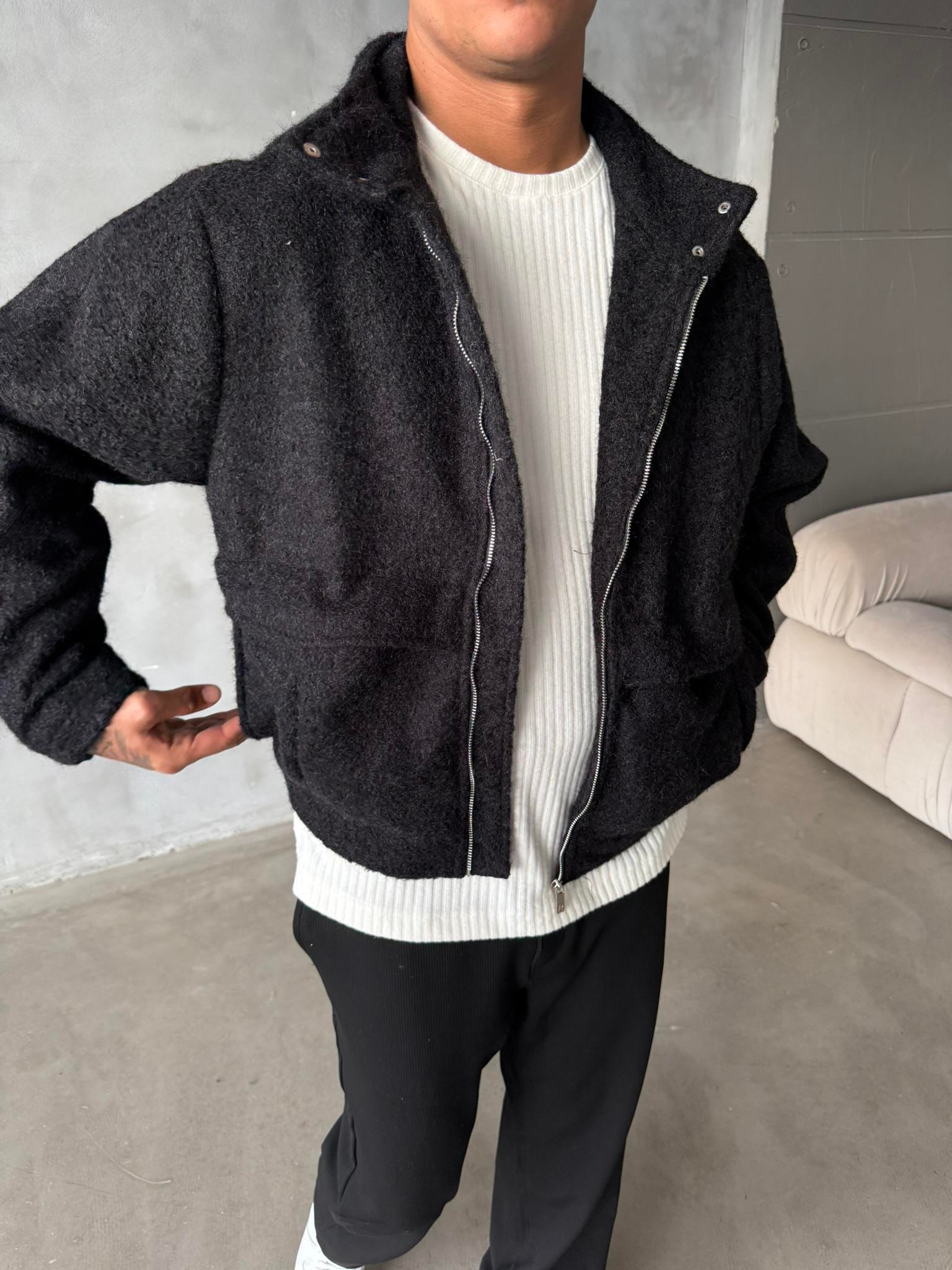 Premium Tüylü Kaşe Ceket - Siyah