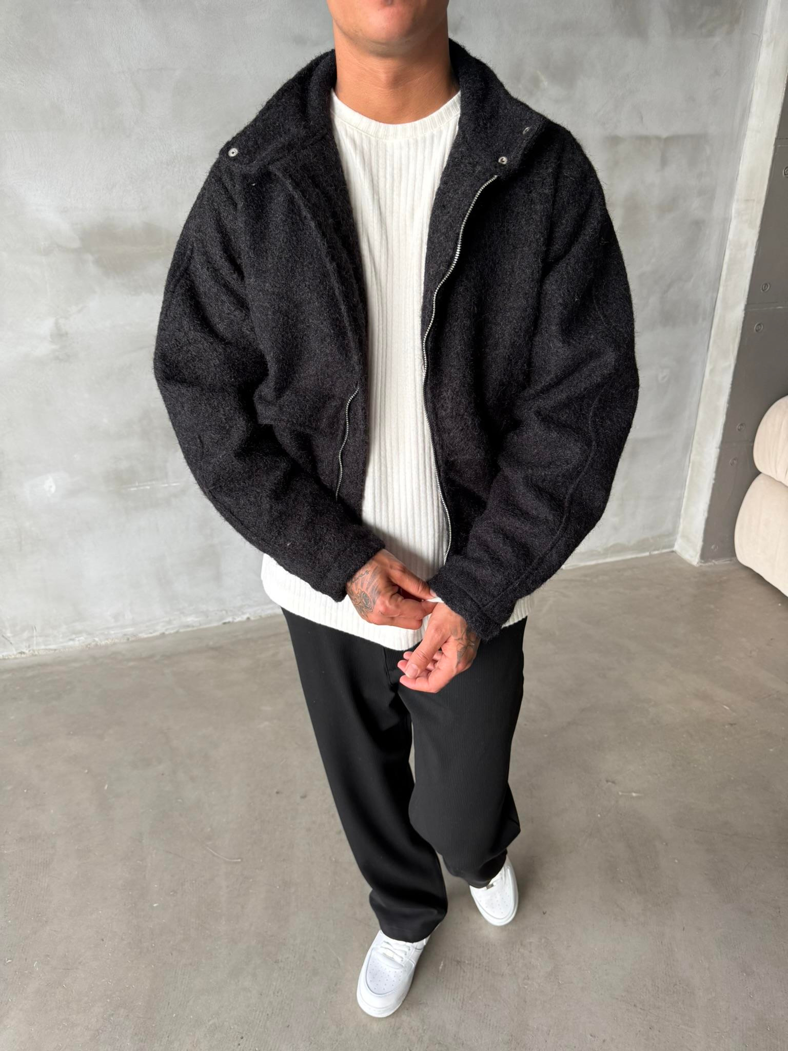 Premium Tüylü Kaşe Ceket - Siyah