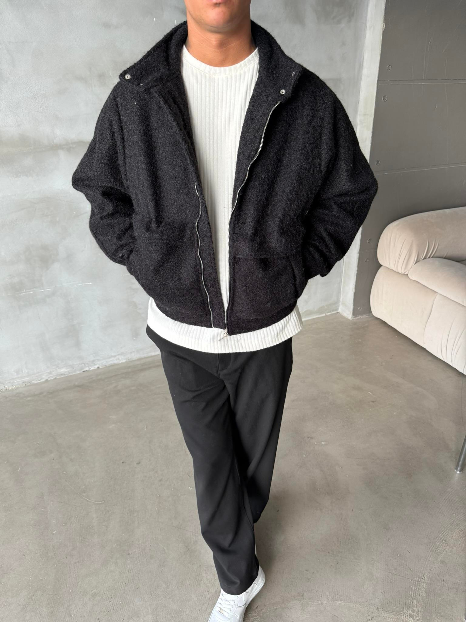 Premium Tüylü Kaşe Ceket - Siyah