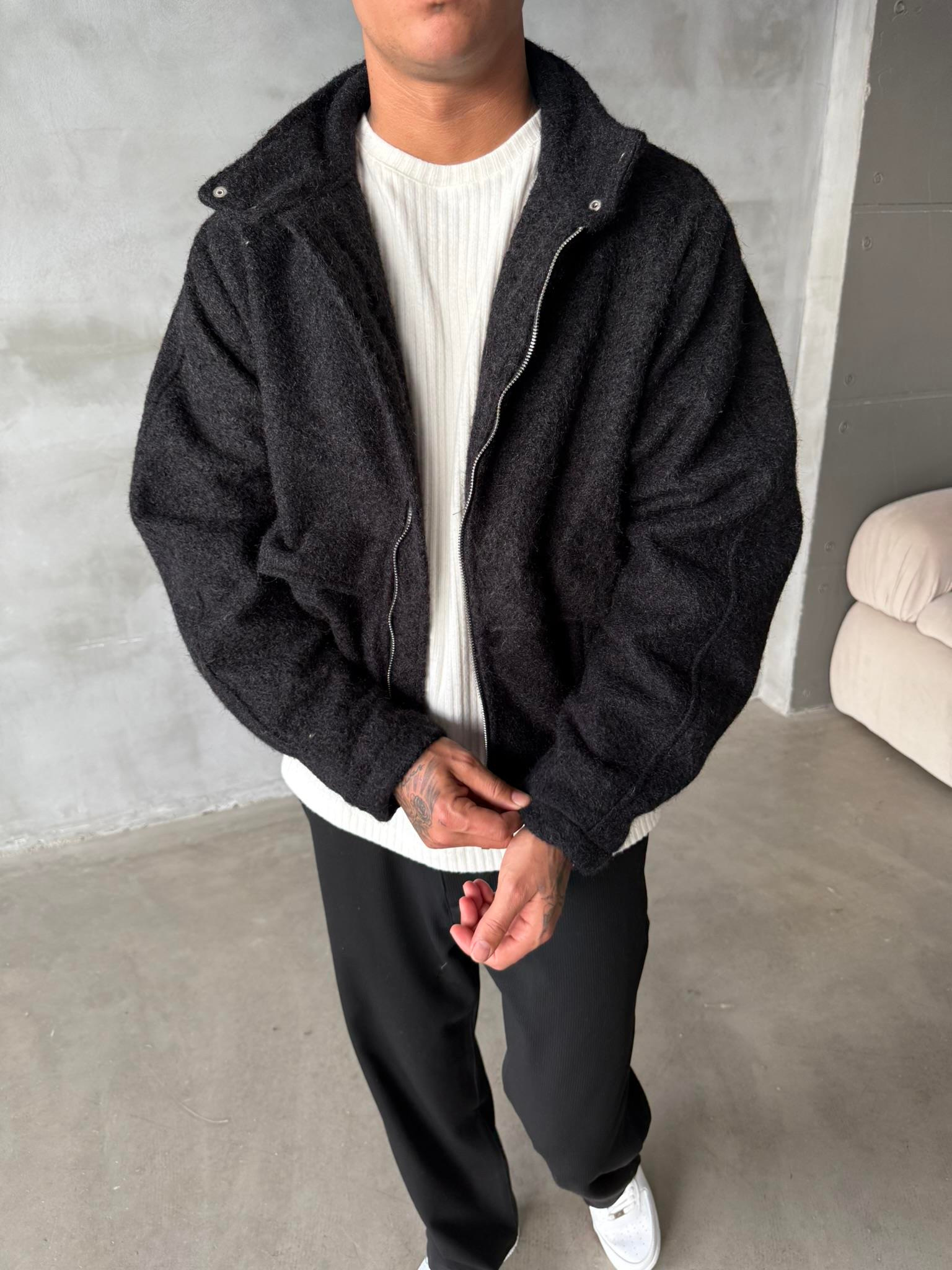 Premium Tüylü Kaşe Ceket - Siyah