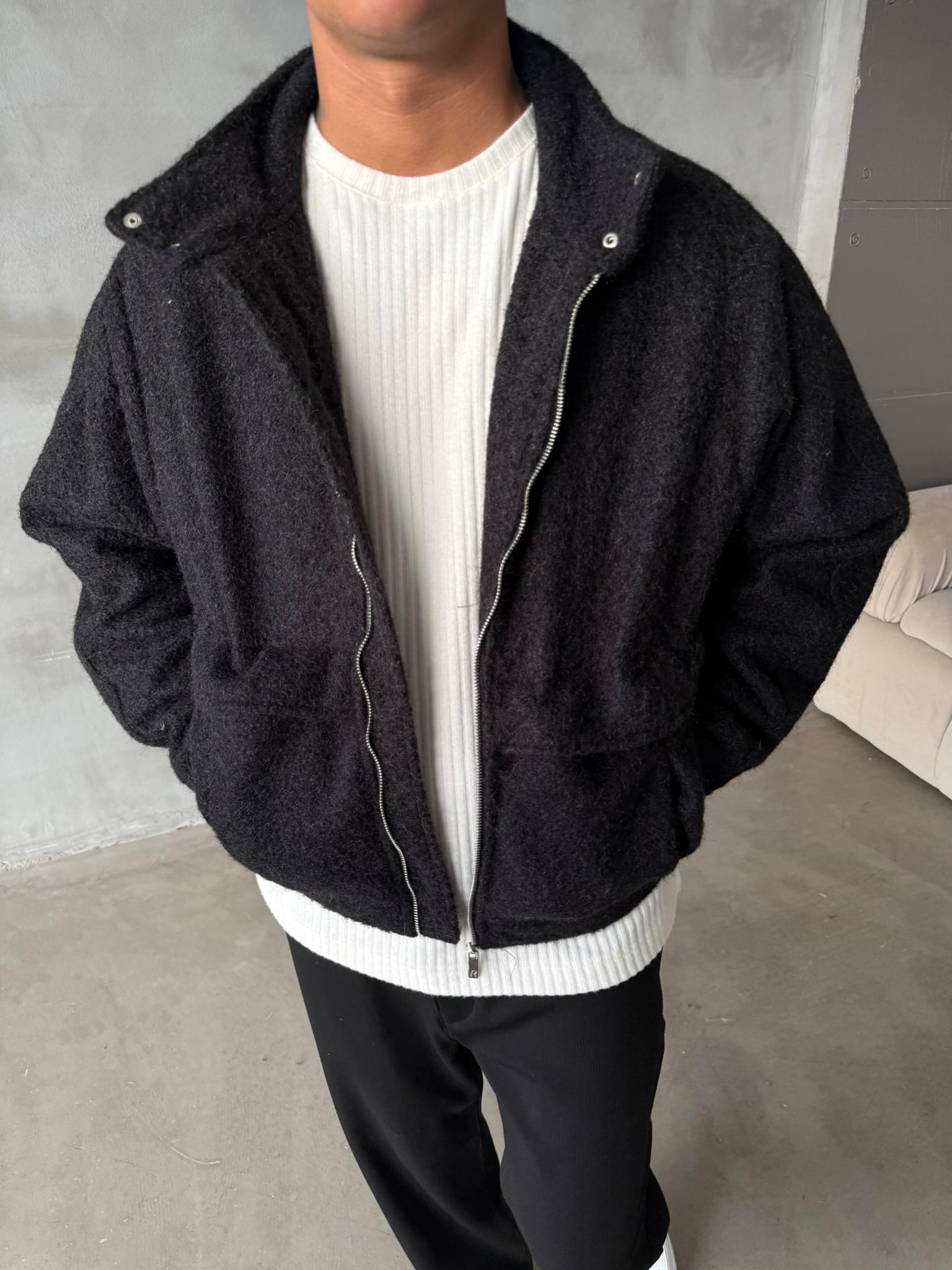 Premium Tüylü Kaşe Ceket - Siyah