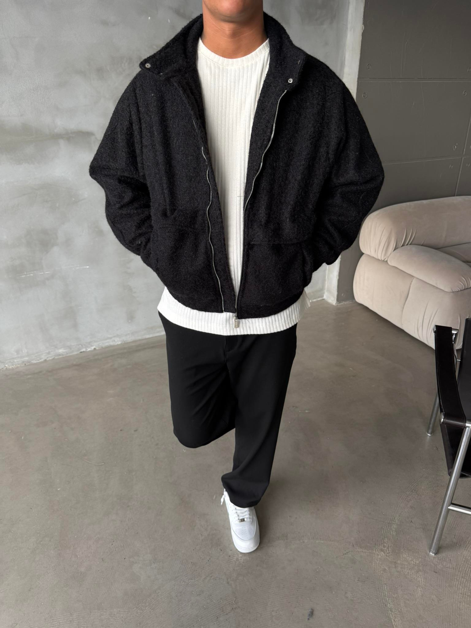 Premium Tüylü Kaşe Ceket - Siyah