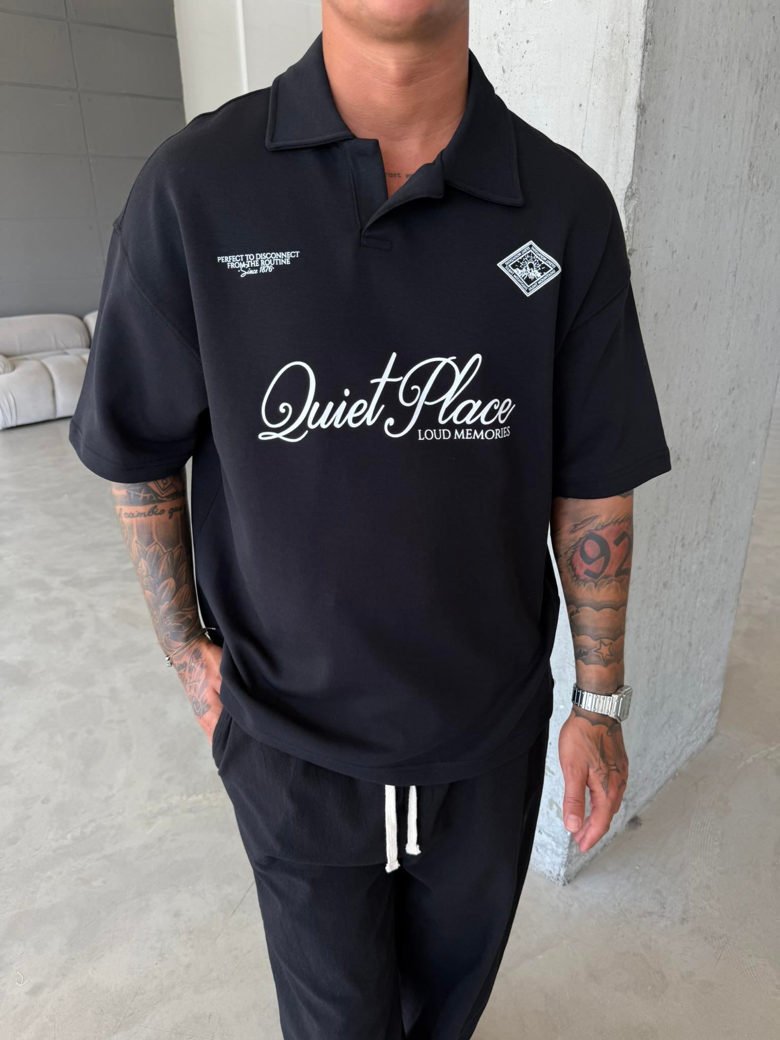 Quit Place Polo Yaka T-Shrit - Siyah