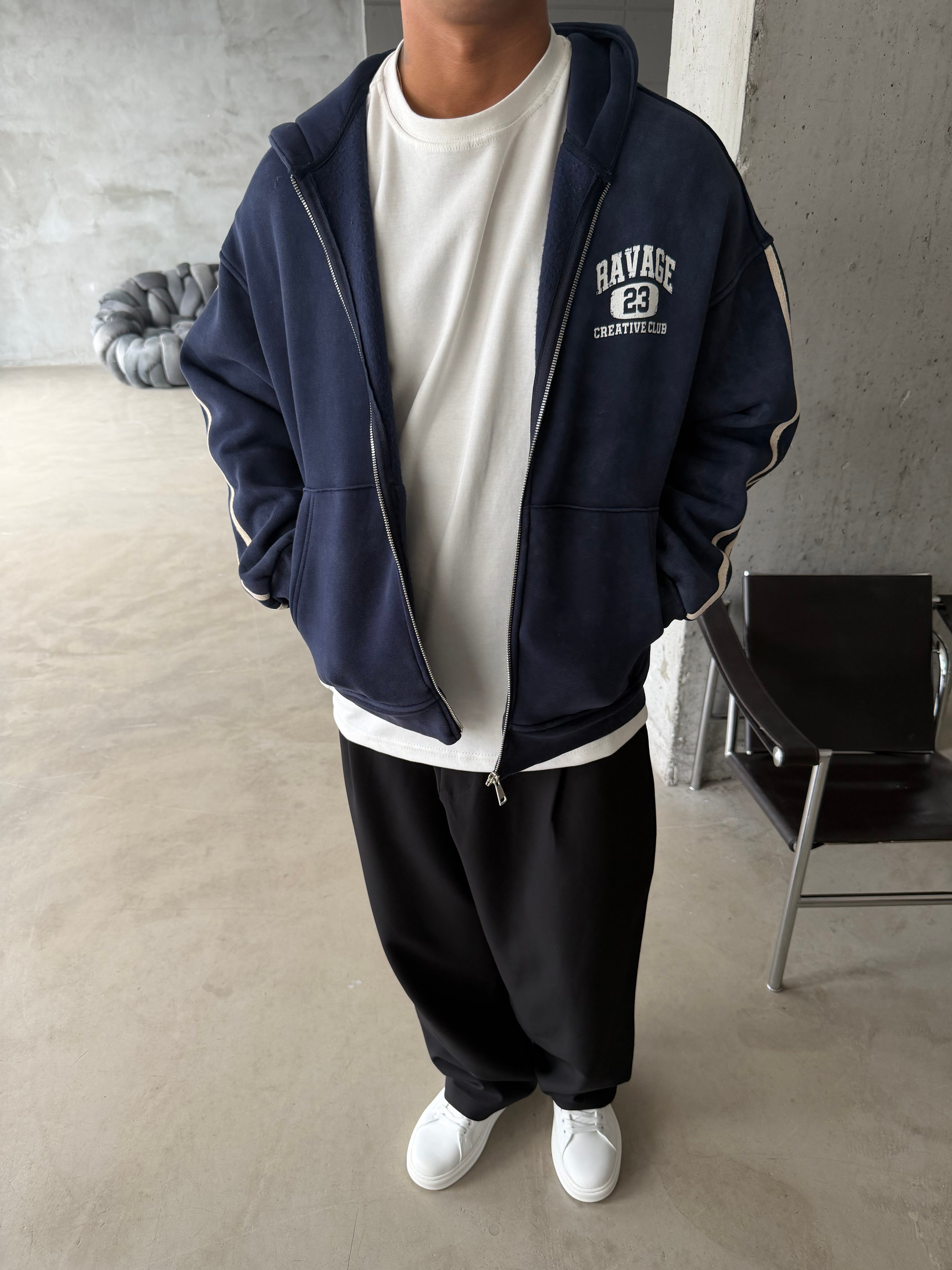 Raver College Şerit Detaylı Fermuarlı Hoodie