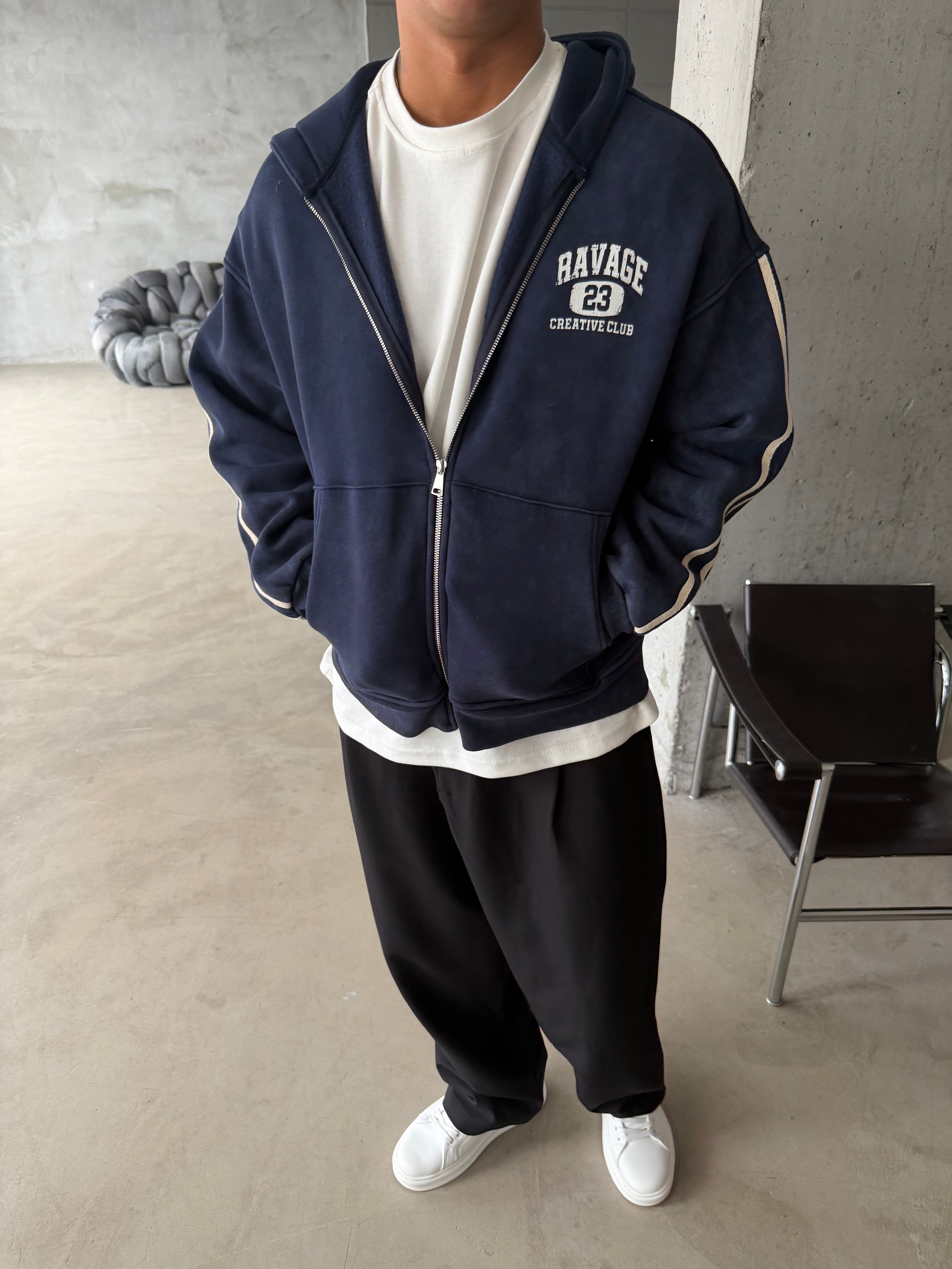 Raver College Şerit Detaylı Fermuarlı Hoodie