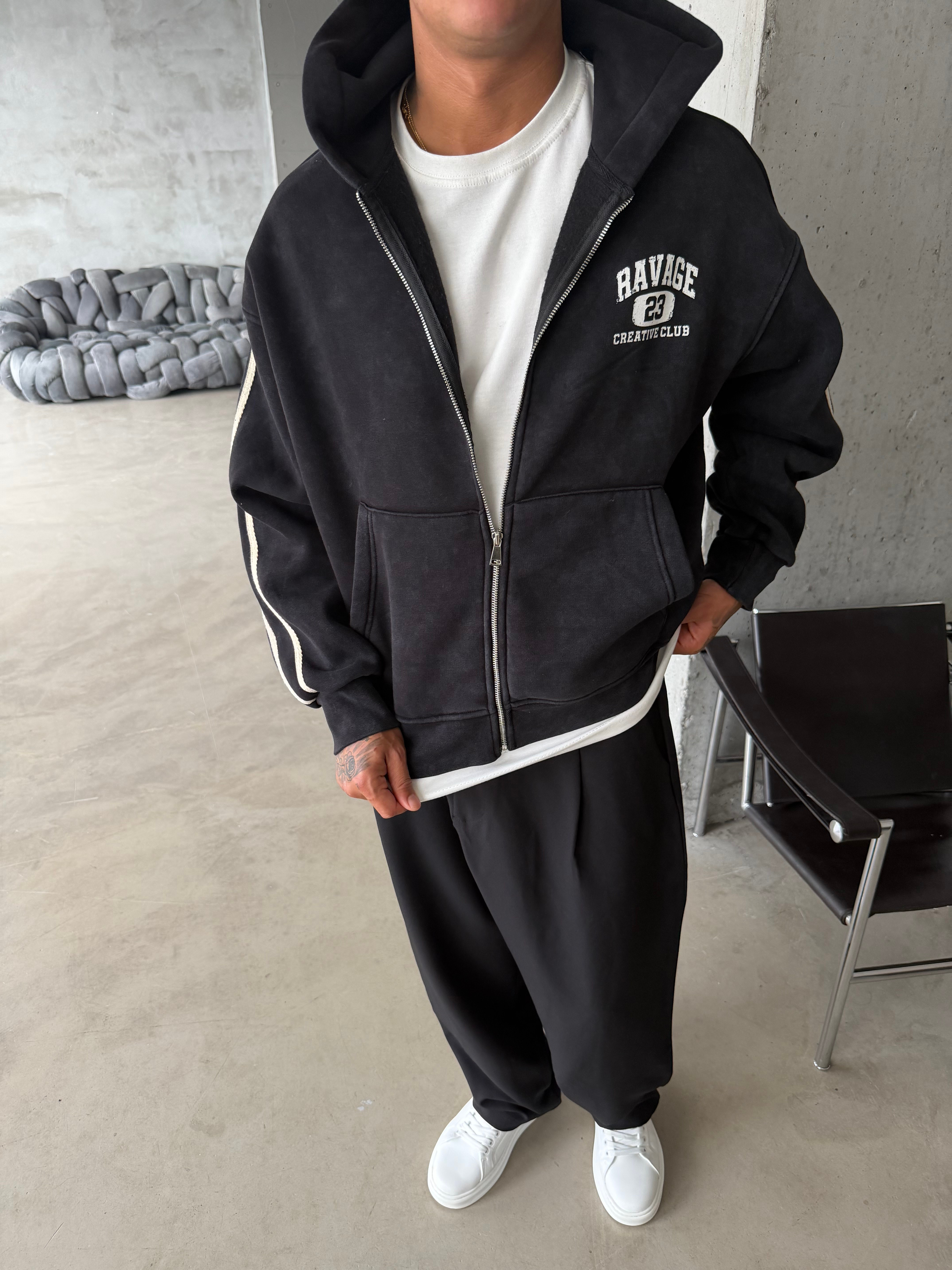 Raver College Şerit Detaylı Fermuarlı Hoodie