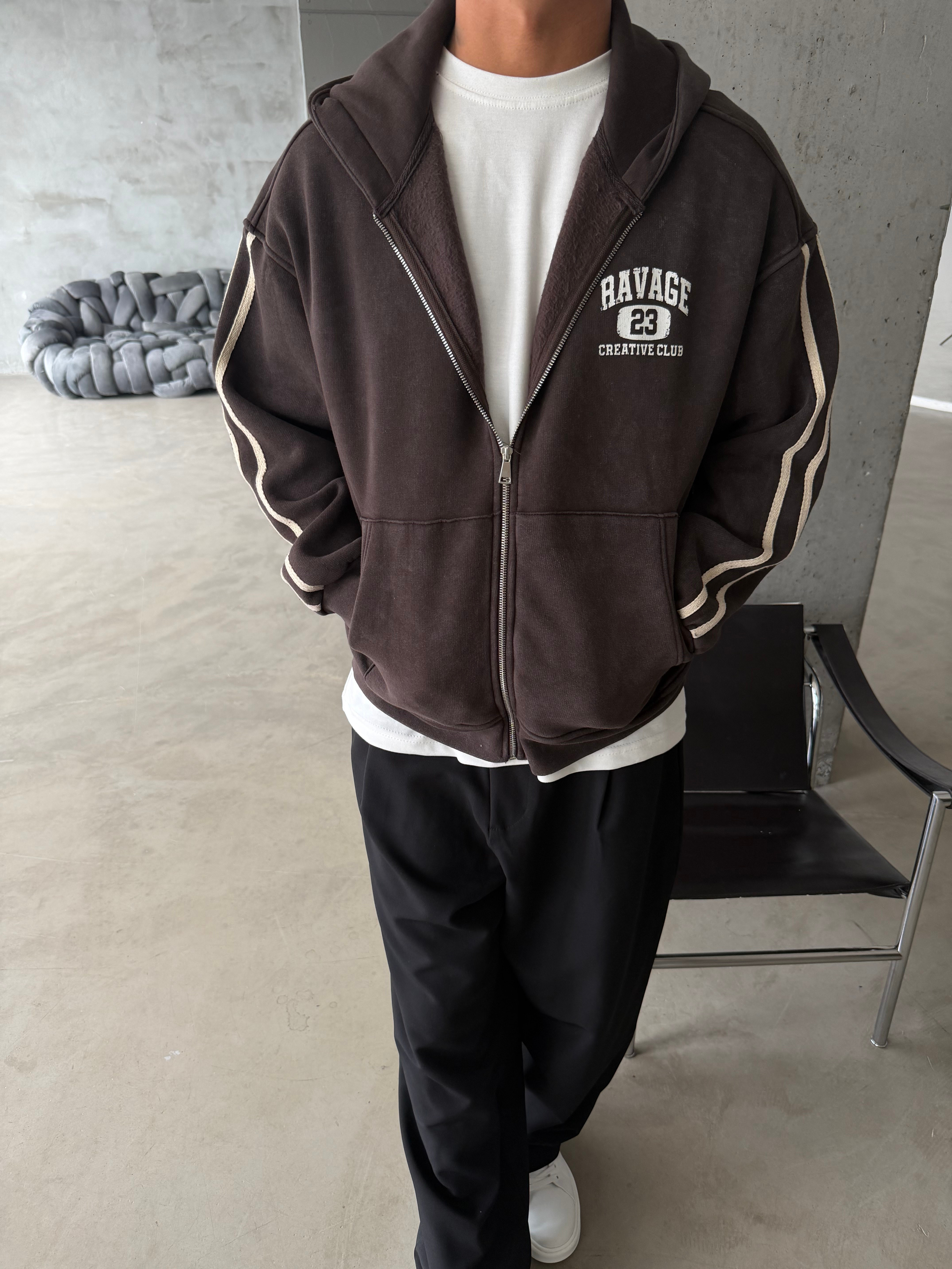 Raver College Şerit Detaylı Fermuarlı Hoodie