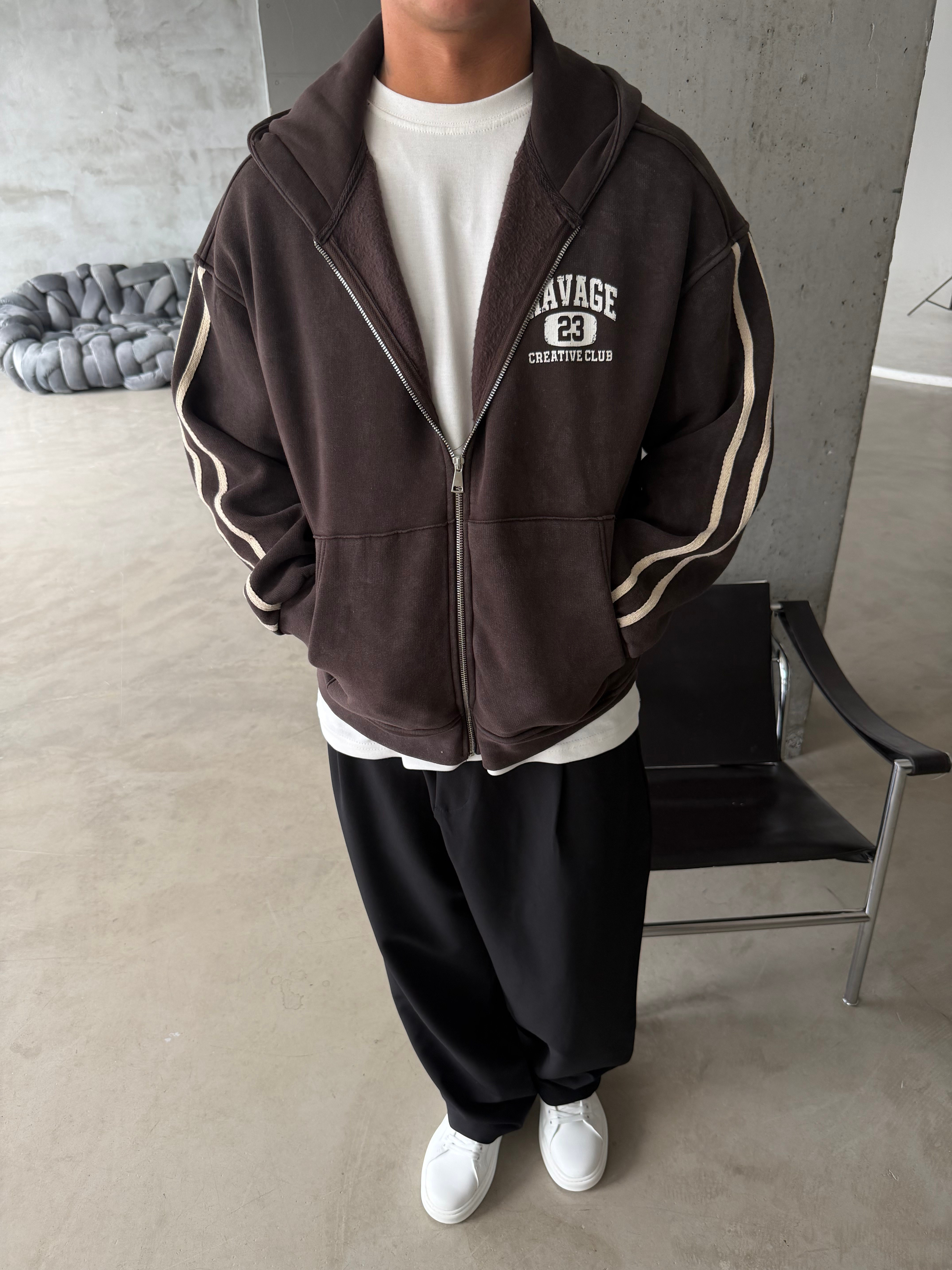 Raver College Şerit Detaylı Fermuarlı Hoodie