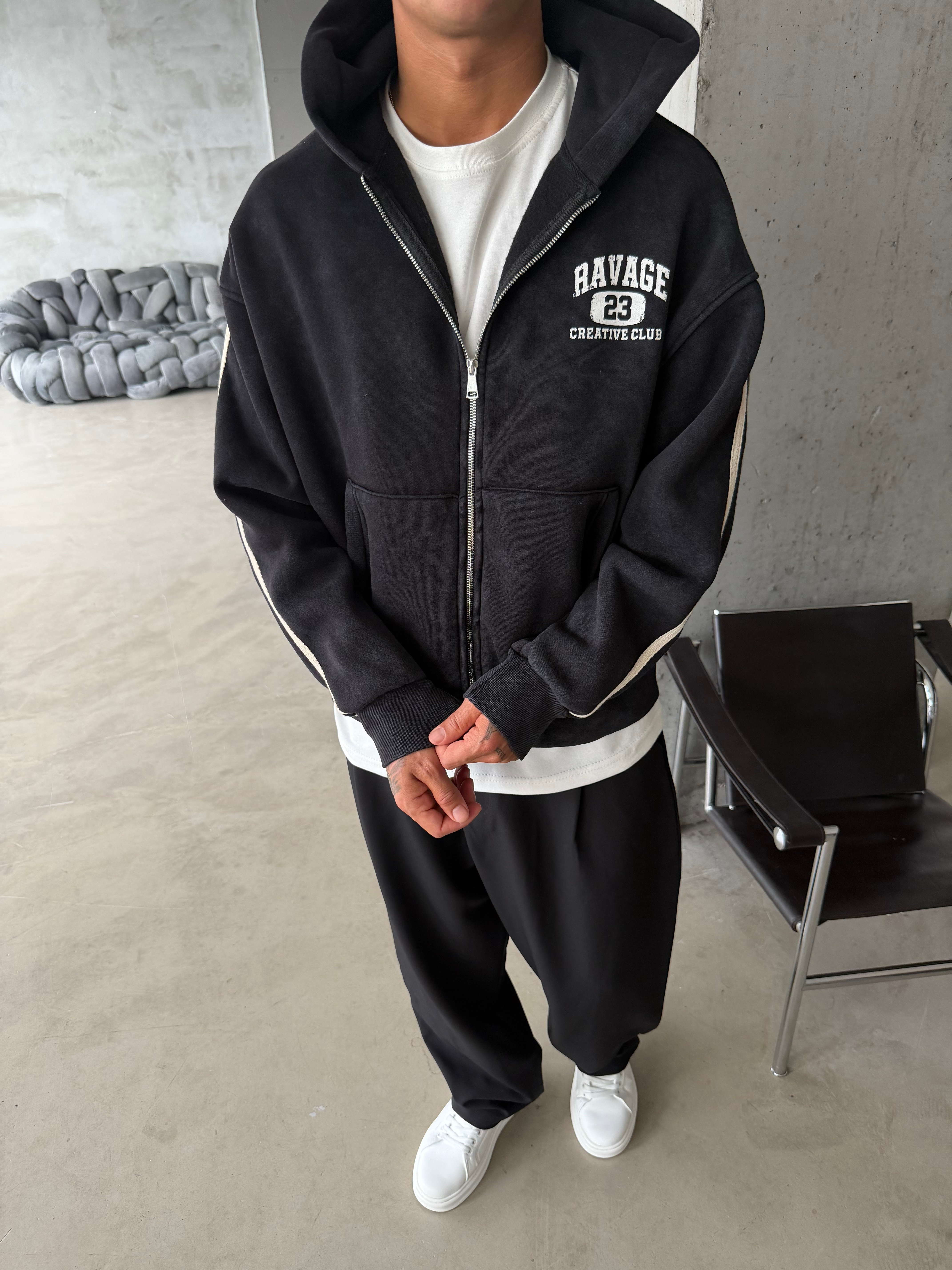Raver College Şerit Detaylı Fermuarlı Hoodie