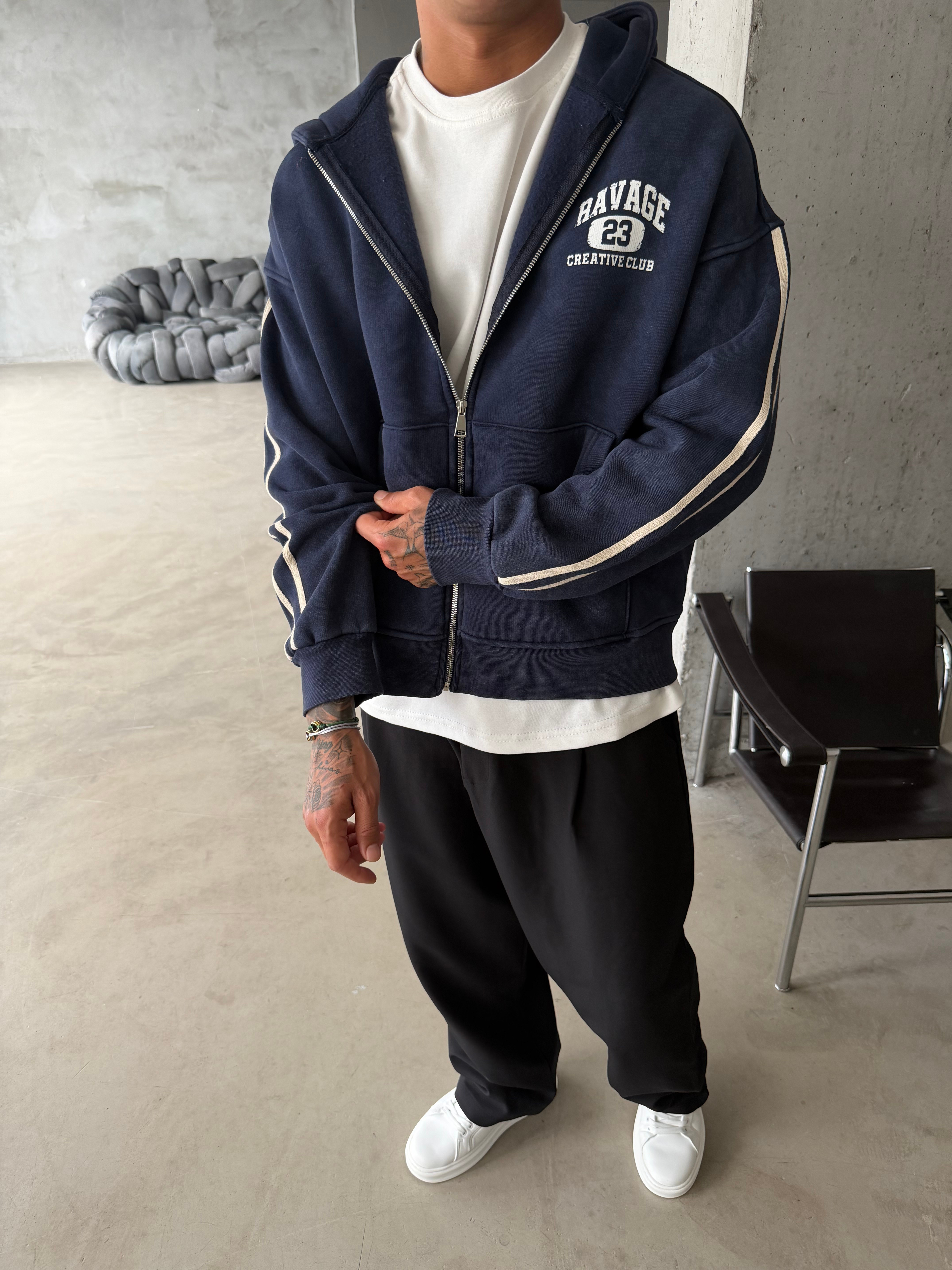 Raver College Şerit Detaylı Fermuarlı Hoodie