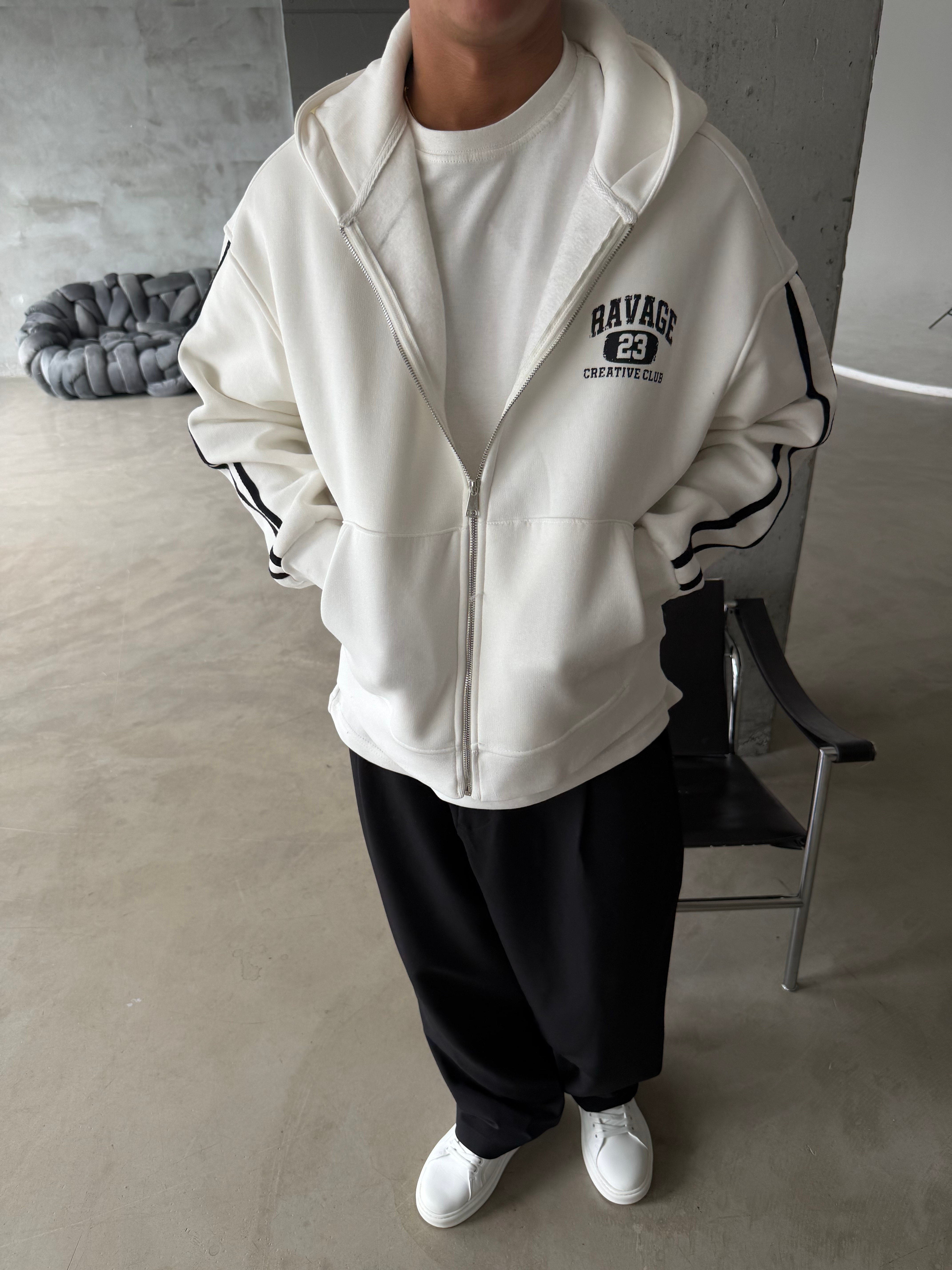 Raver College Şerit Detaylı Fermuarlı Hoodie