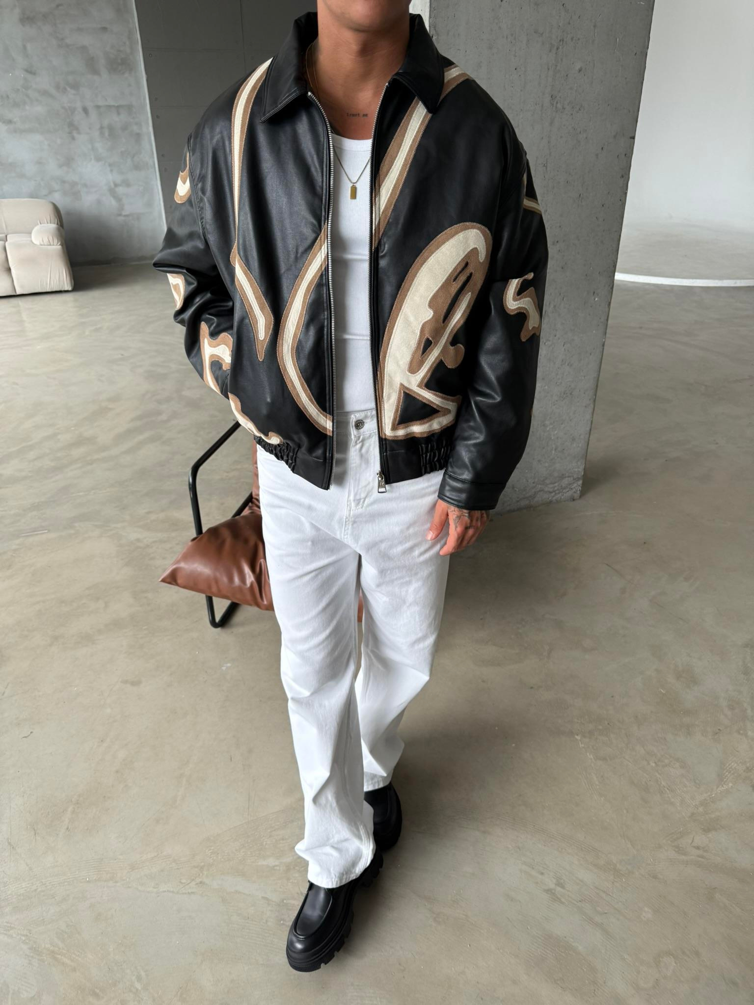 Relax Fit Capitone Deri Ceket - Siyah