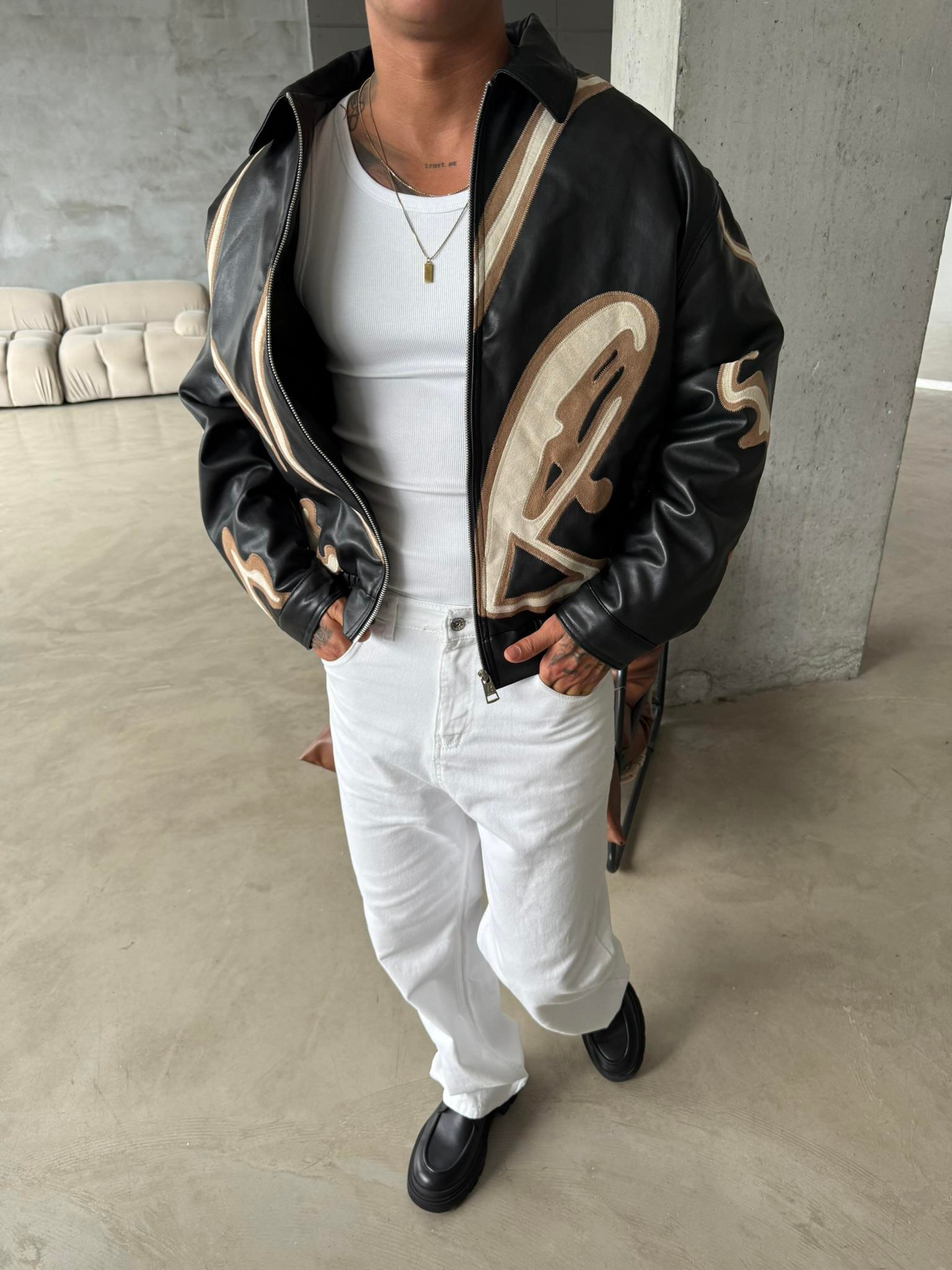 Relax Fit Capitone Deri Ceket - Siyah