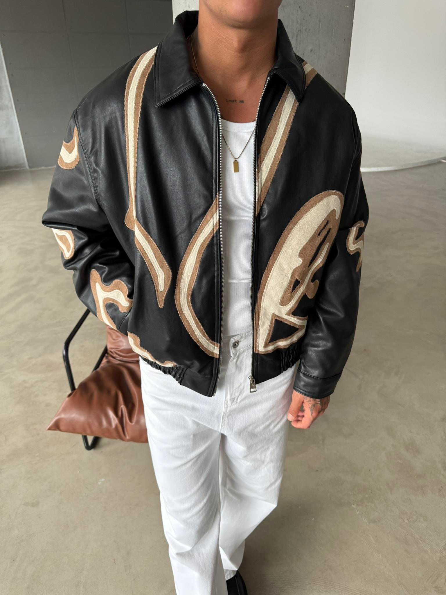 Relax Fit Capitone Deri Ceket - Siyah