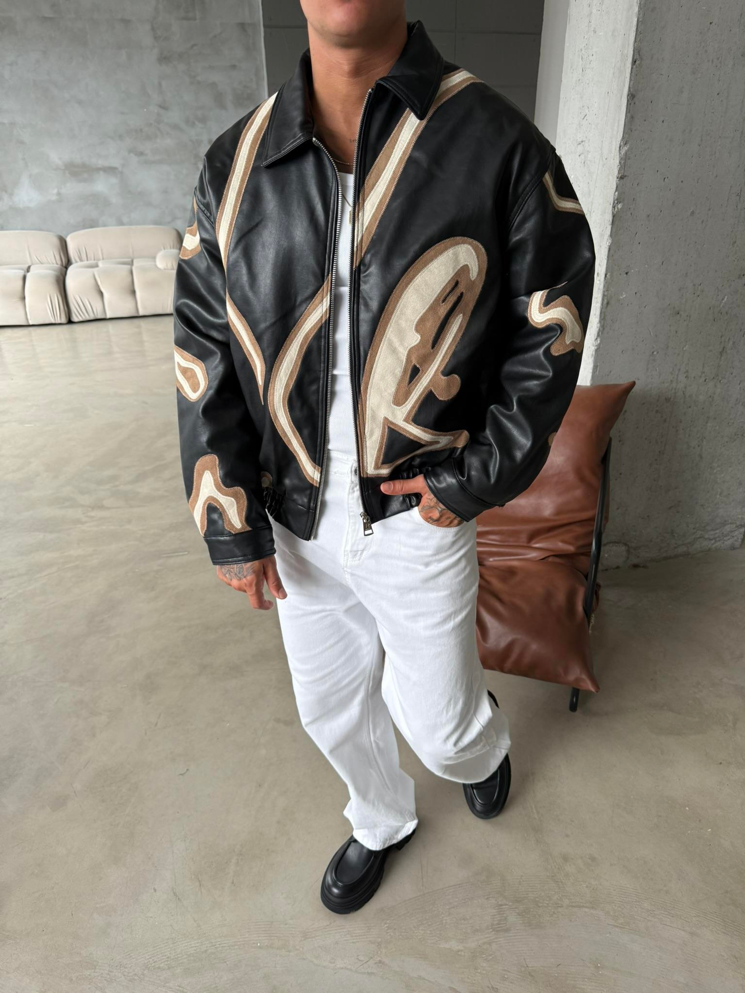 Relax Fit Capitone Deri Ceket - Siyah