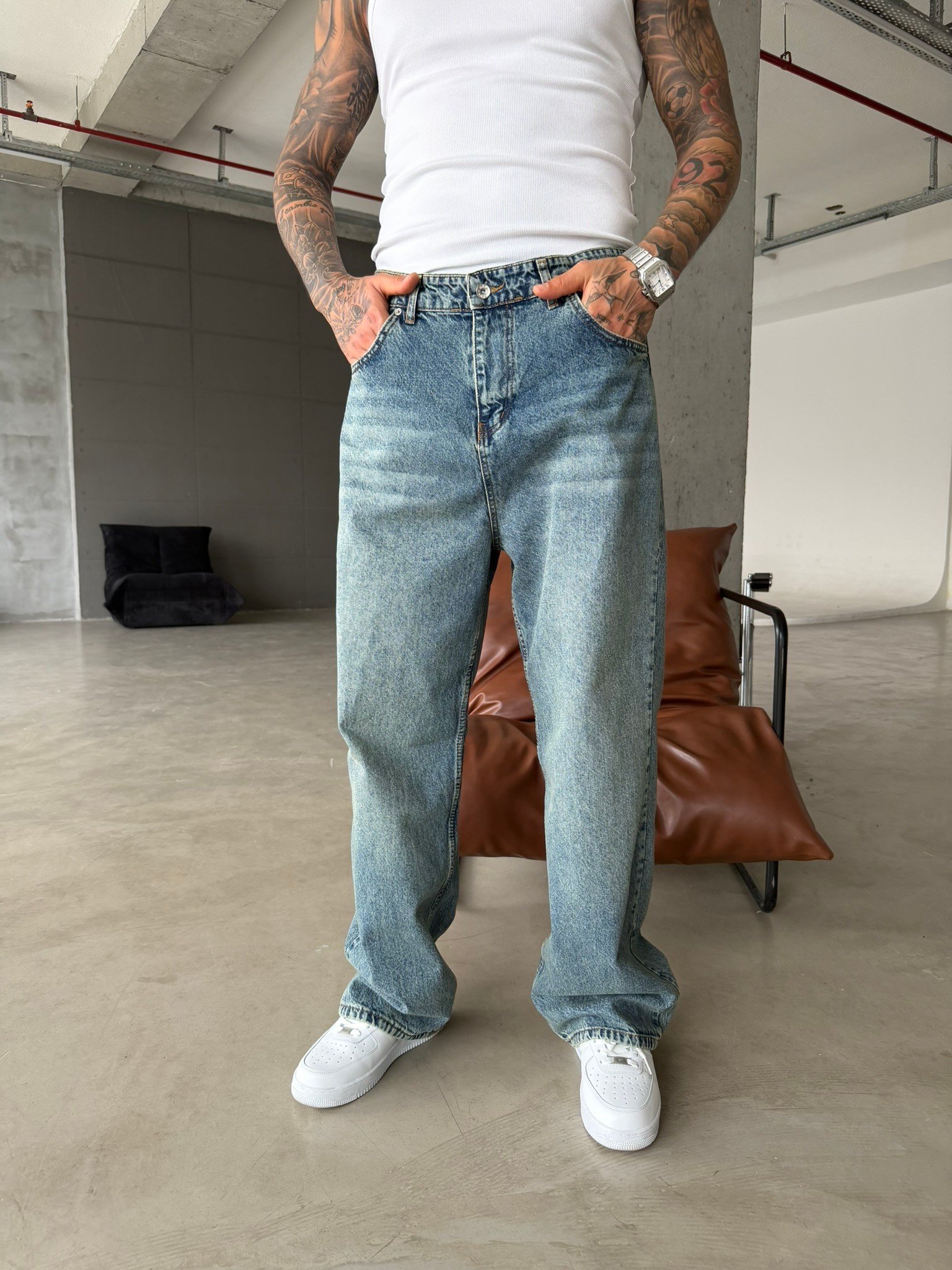 Relax Yıkamalı Eskitme Baggy Pantolon - İndigo