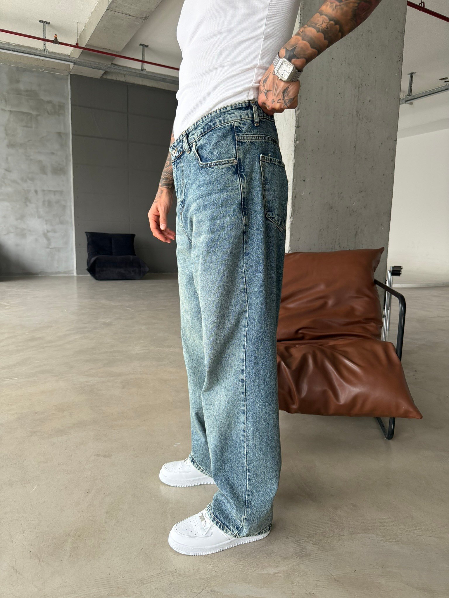 Relax Yıkamalı Eskitme Baggy Pantolon - İndigo