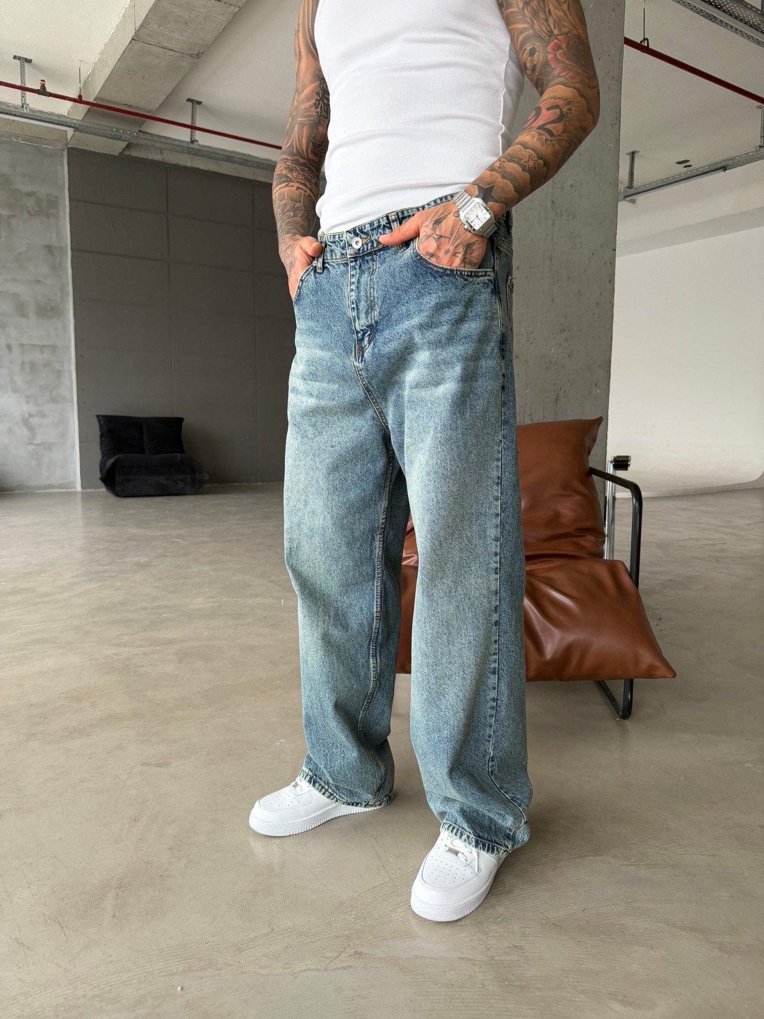 Relax Yıkamalı Eskitme Baggy Pantolon - İndigo