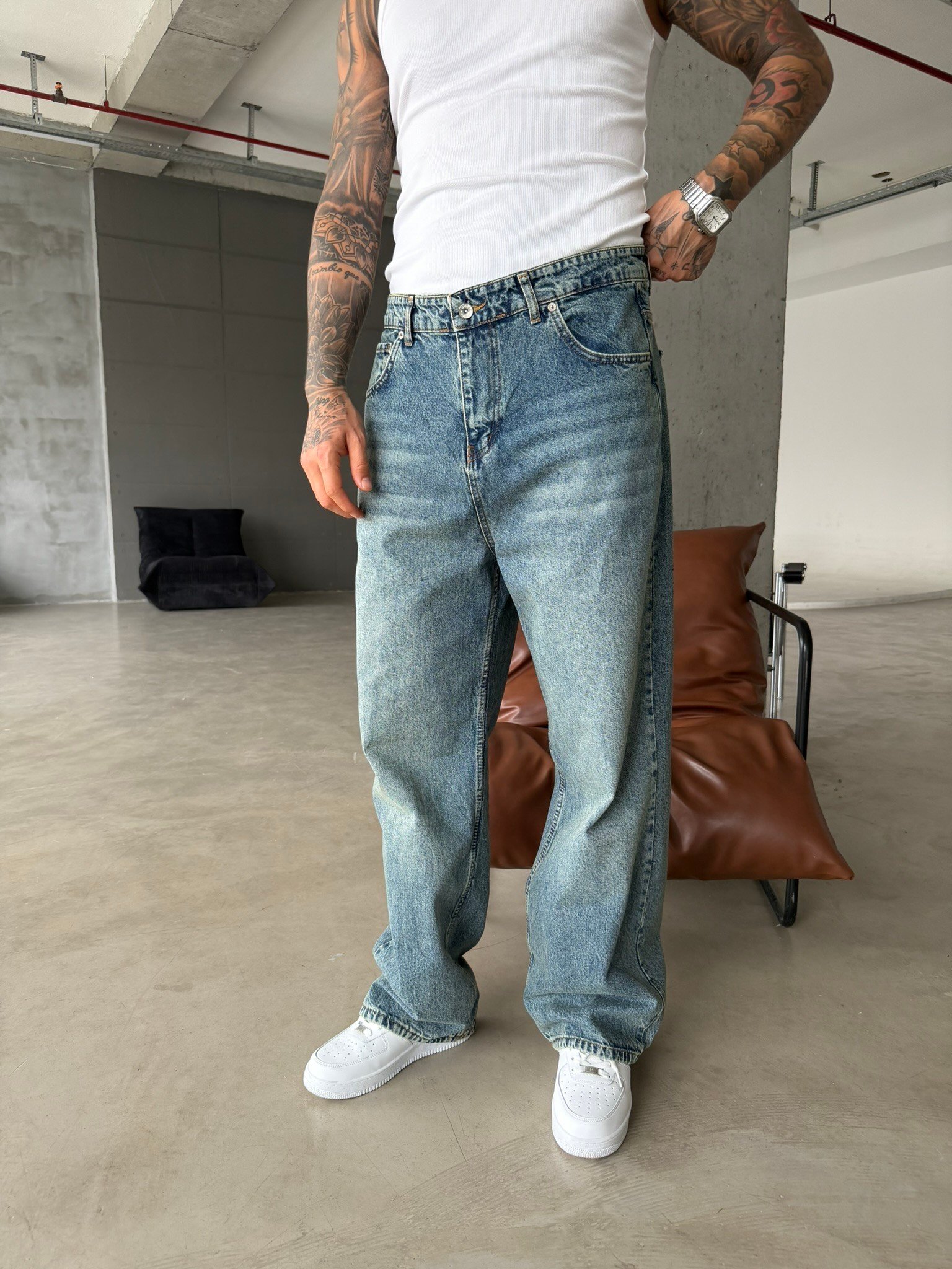 Relax Yıkamalı Eskitme Baggy Pantolon - İndigo