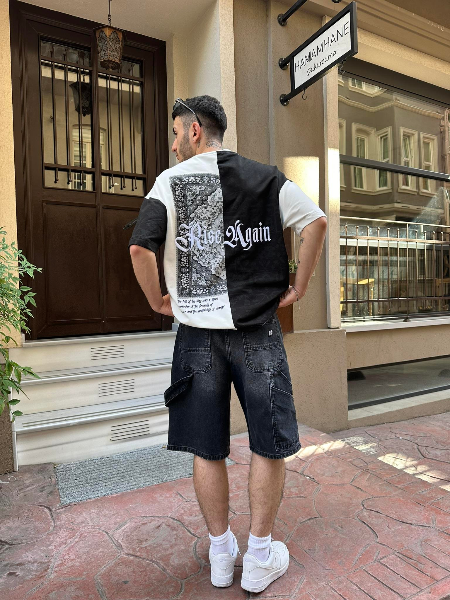 Rise Again Halı Desen Siyah Oversize T-Shirt - Siyah