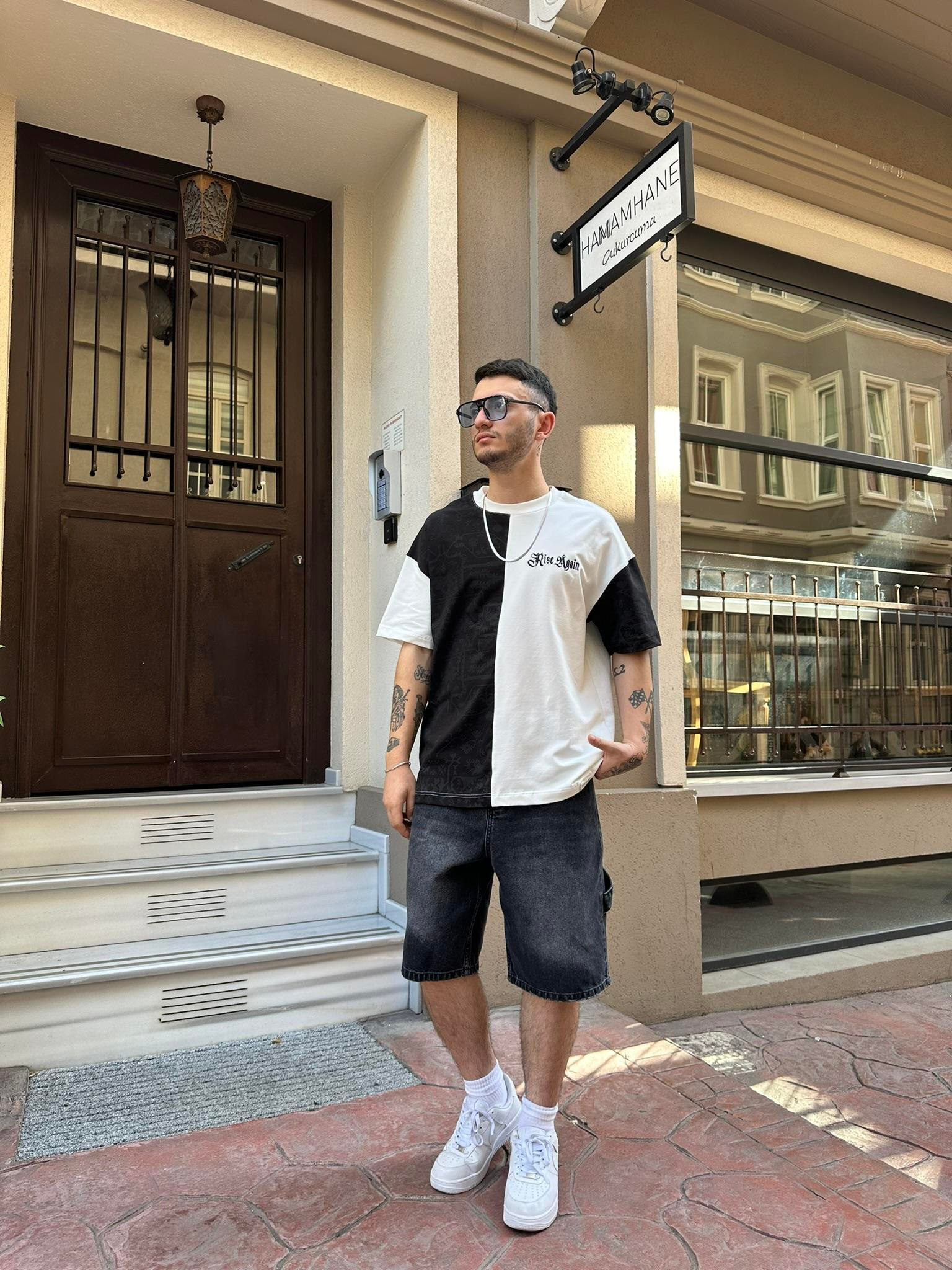 Rise Again Halı Desen Siyah Oversize T-Shirt - Siyah