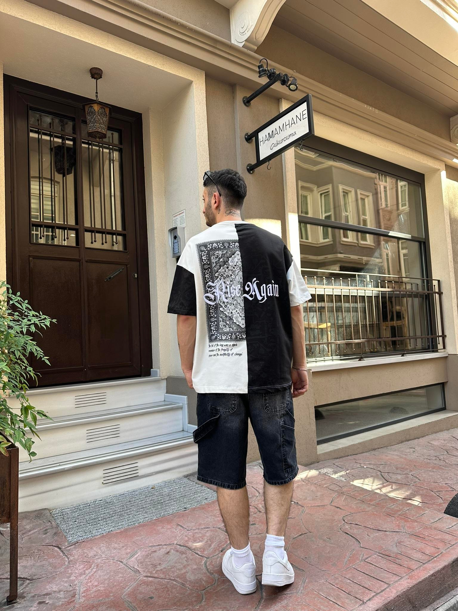 Rise Again Halı Desen Siyah Oversize T-Shirt - Siyah