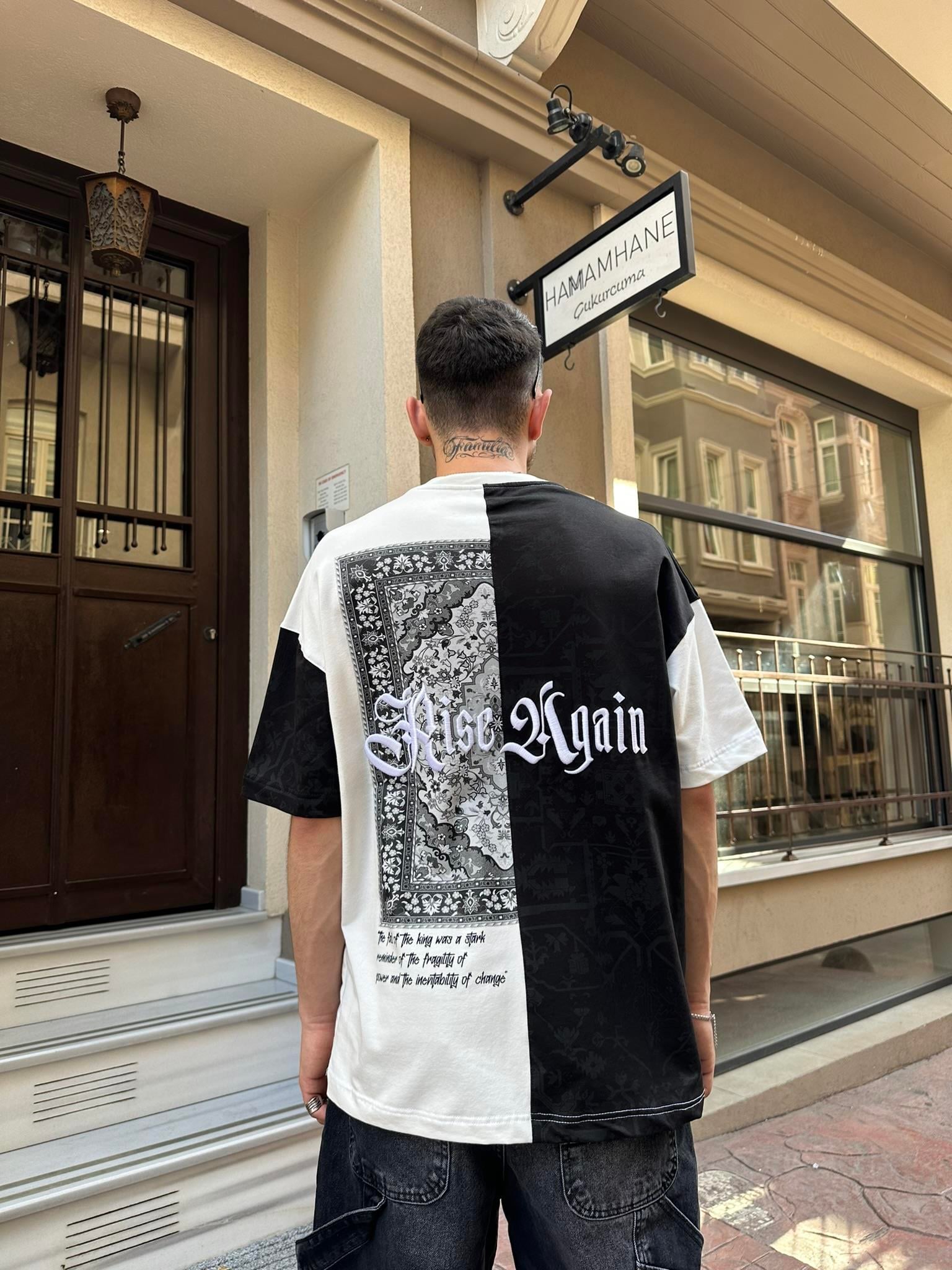 Rise Again Halı Desen Siyah Oversize T-Shirt - Siyah