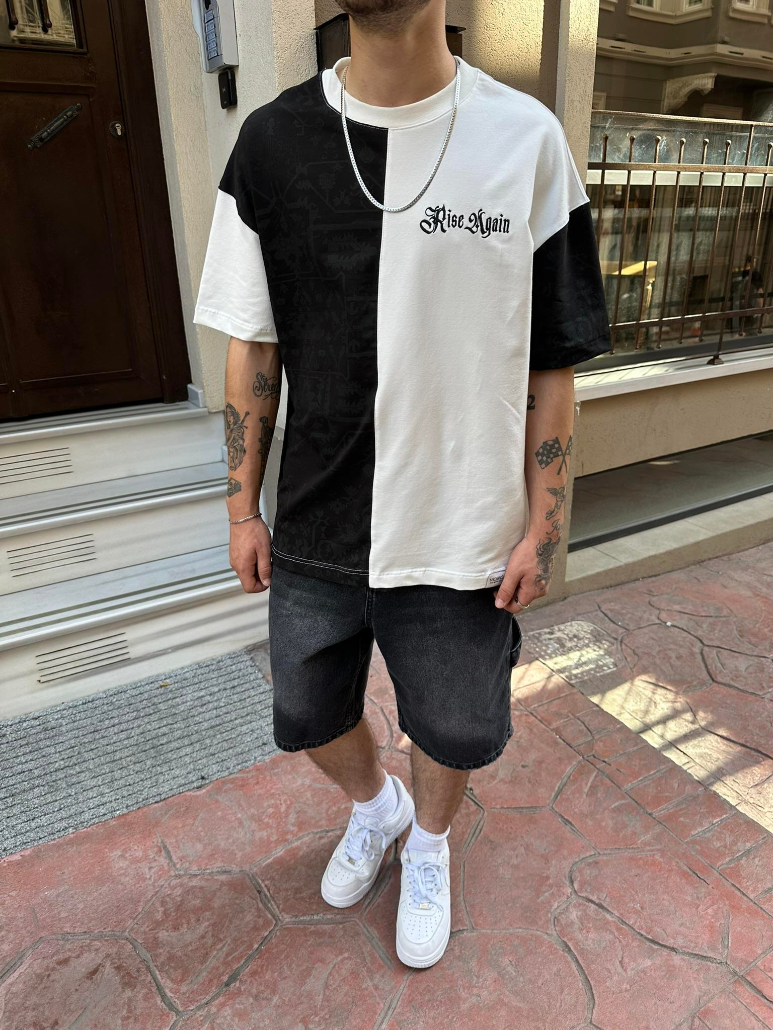 Rise Again Halı Desen Siyah Oversize T-Shirt - Siyah