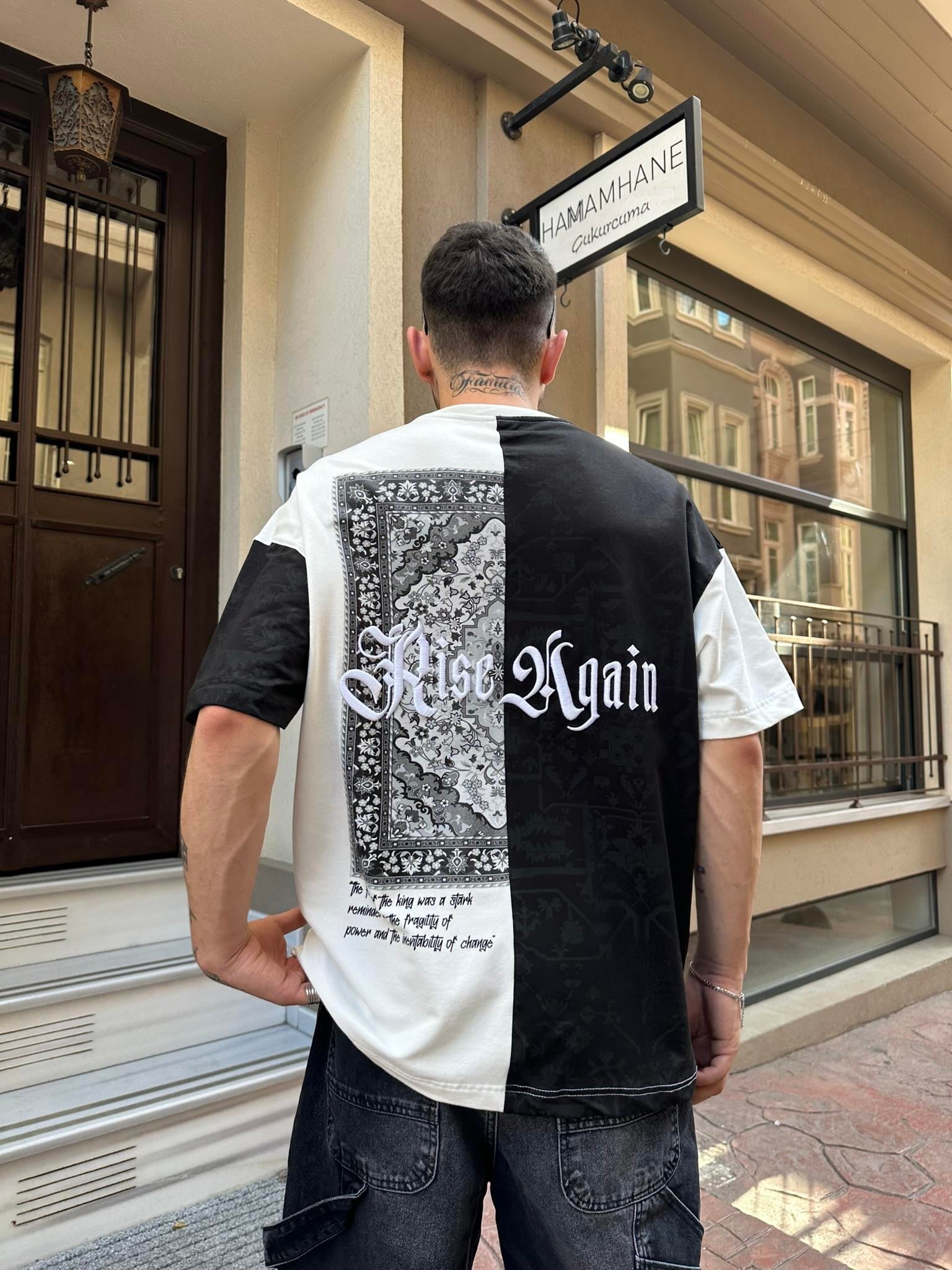 Rise Again Halı Desen Siyah Oversize T-Shirt - Siyah