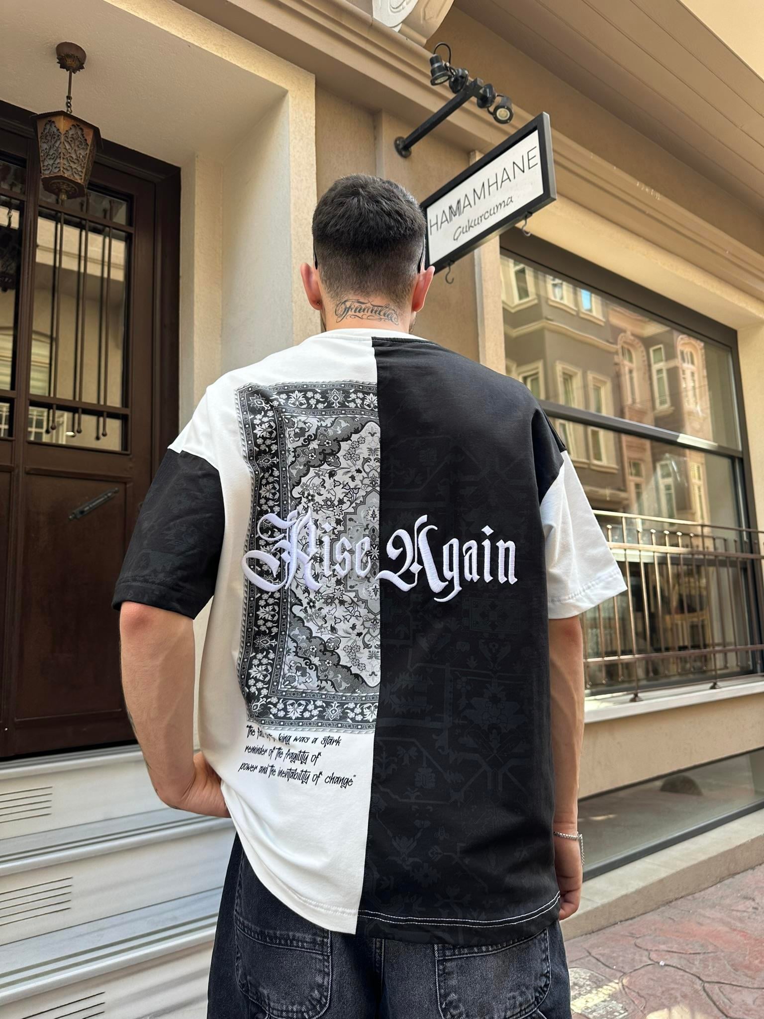 Rise Again Halı Desen Siyah Oversize T-Shirt - Siyah