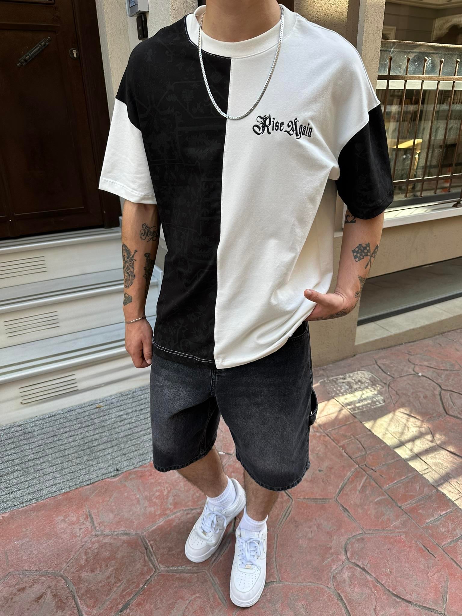 Rise Again Halı Desen Siyah Oversize T-Shirt - Siyah