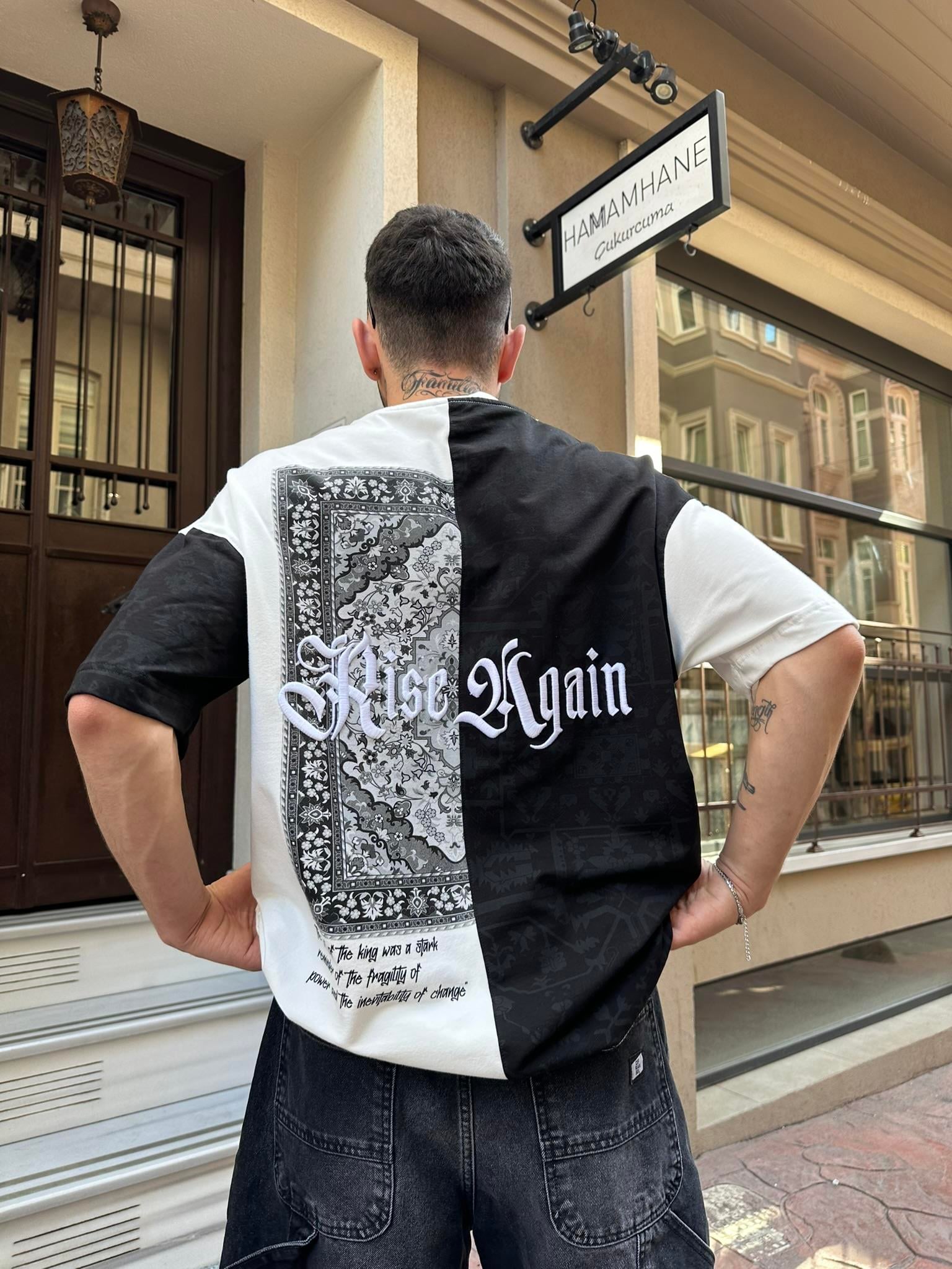 Rise Again Halı Desen Siyah Oversize T-Shirt - Siyah