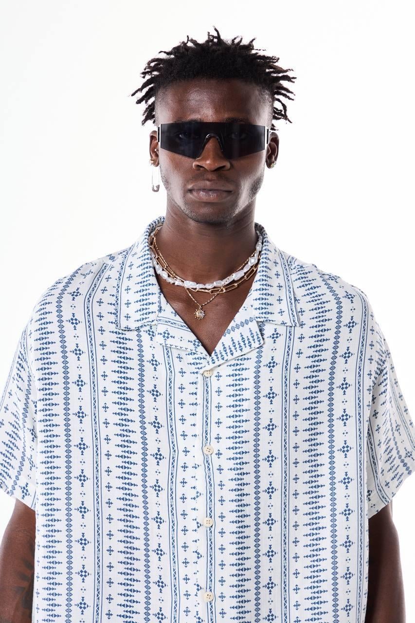 Sembol Desenli Basic Tasarım Gömlek - Beyaz-Mavi