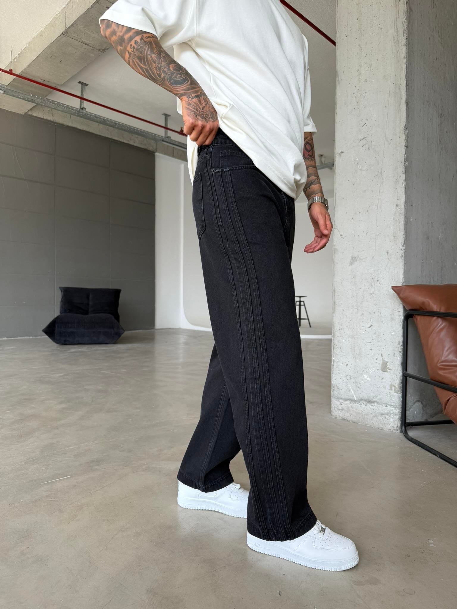 Şeritli Premium Baggy Pantolon - Siyah