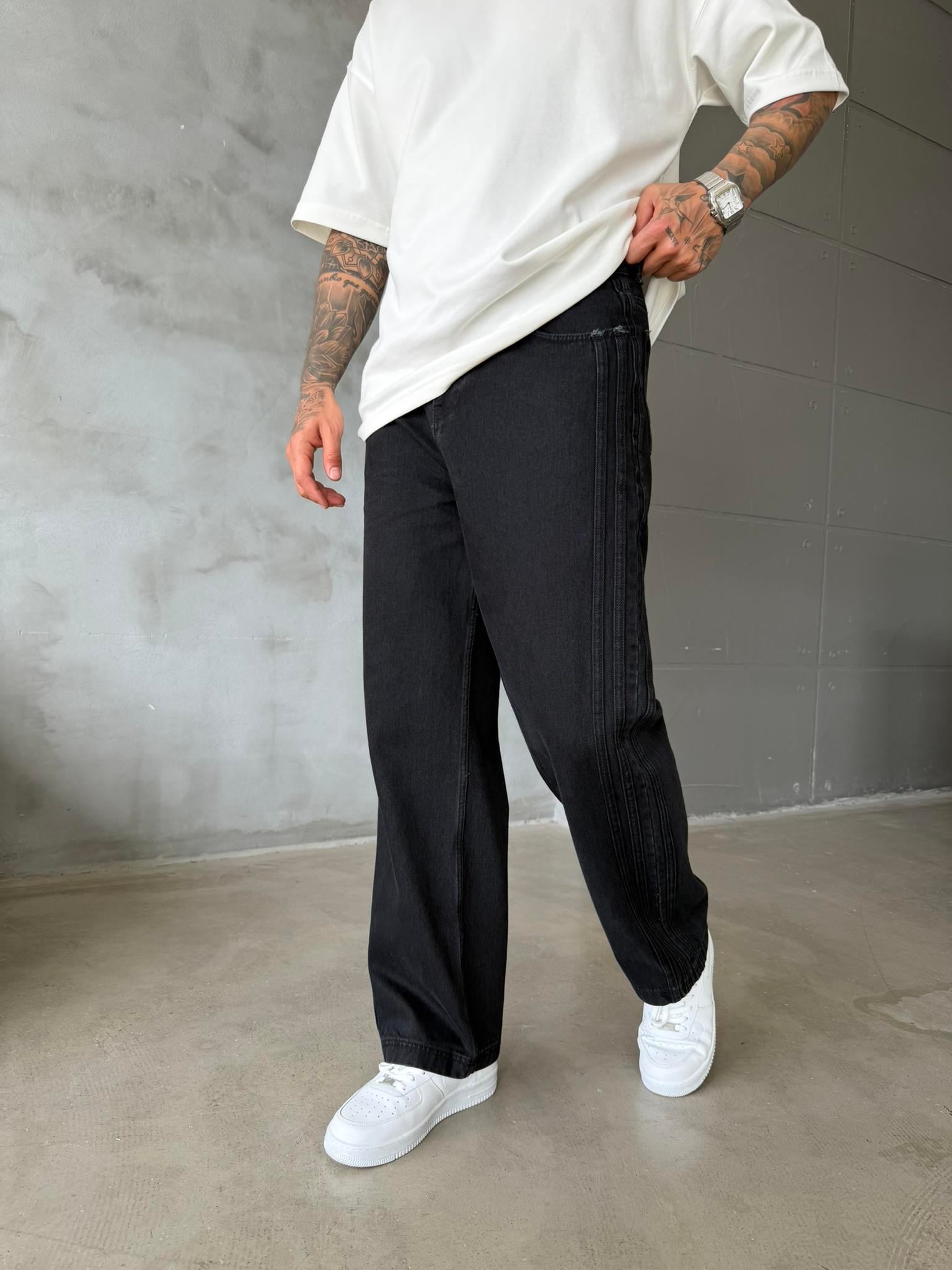 Şeritli Premium Baggy Pantolon - Siyah