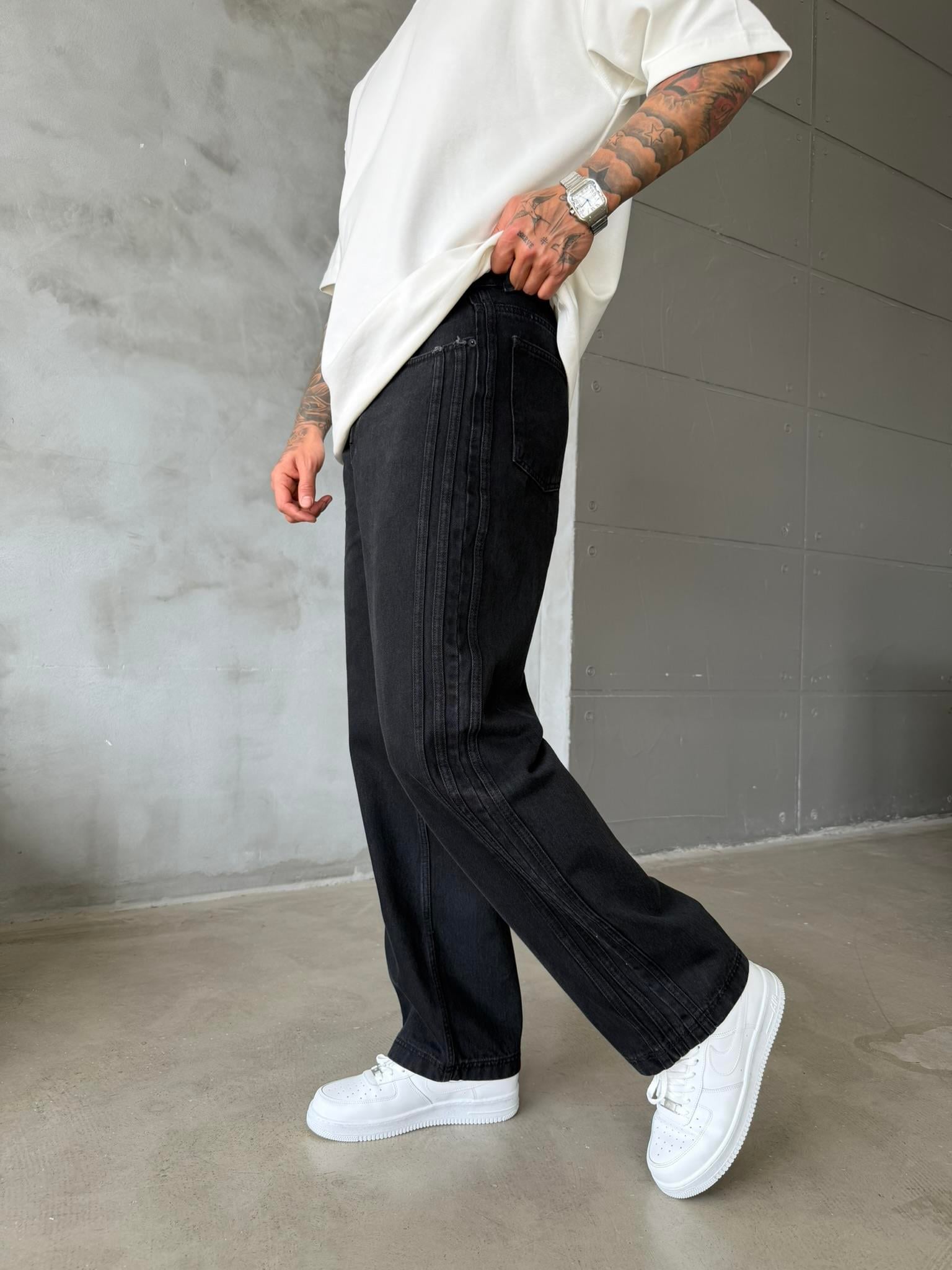 Şeritli Premium Baggy Pantolon - Siyah