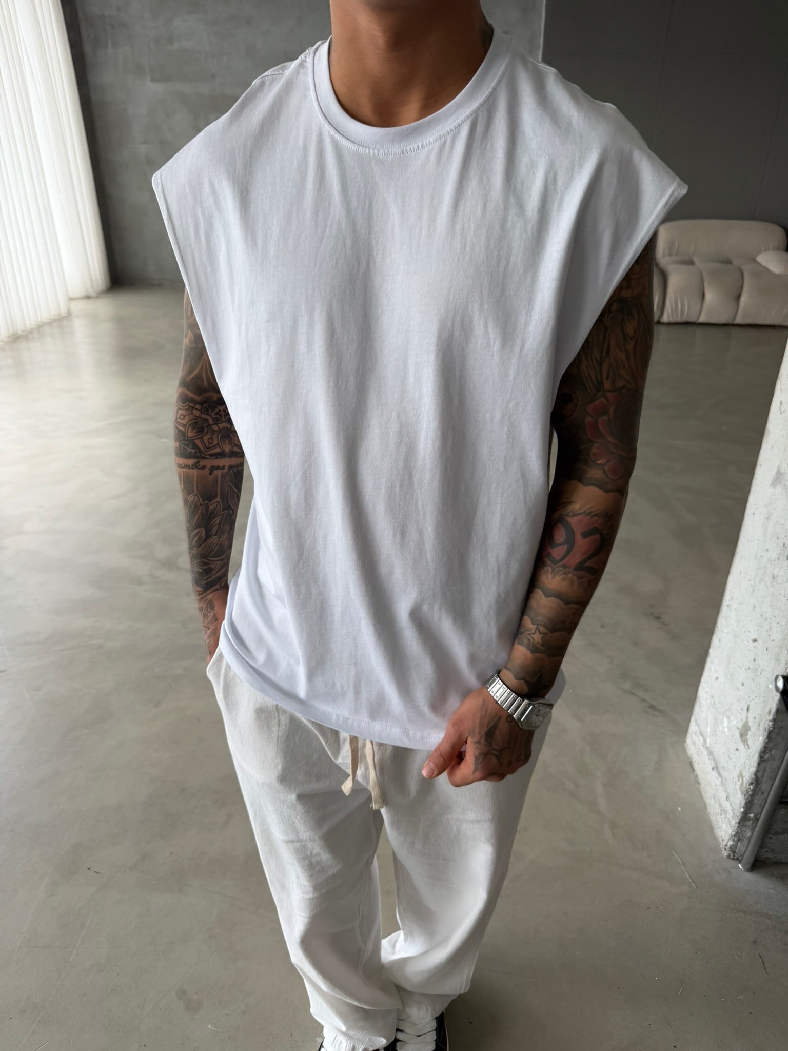 Sıfır Kol Basic Oversize T-Shirt - Beyaz