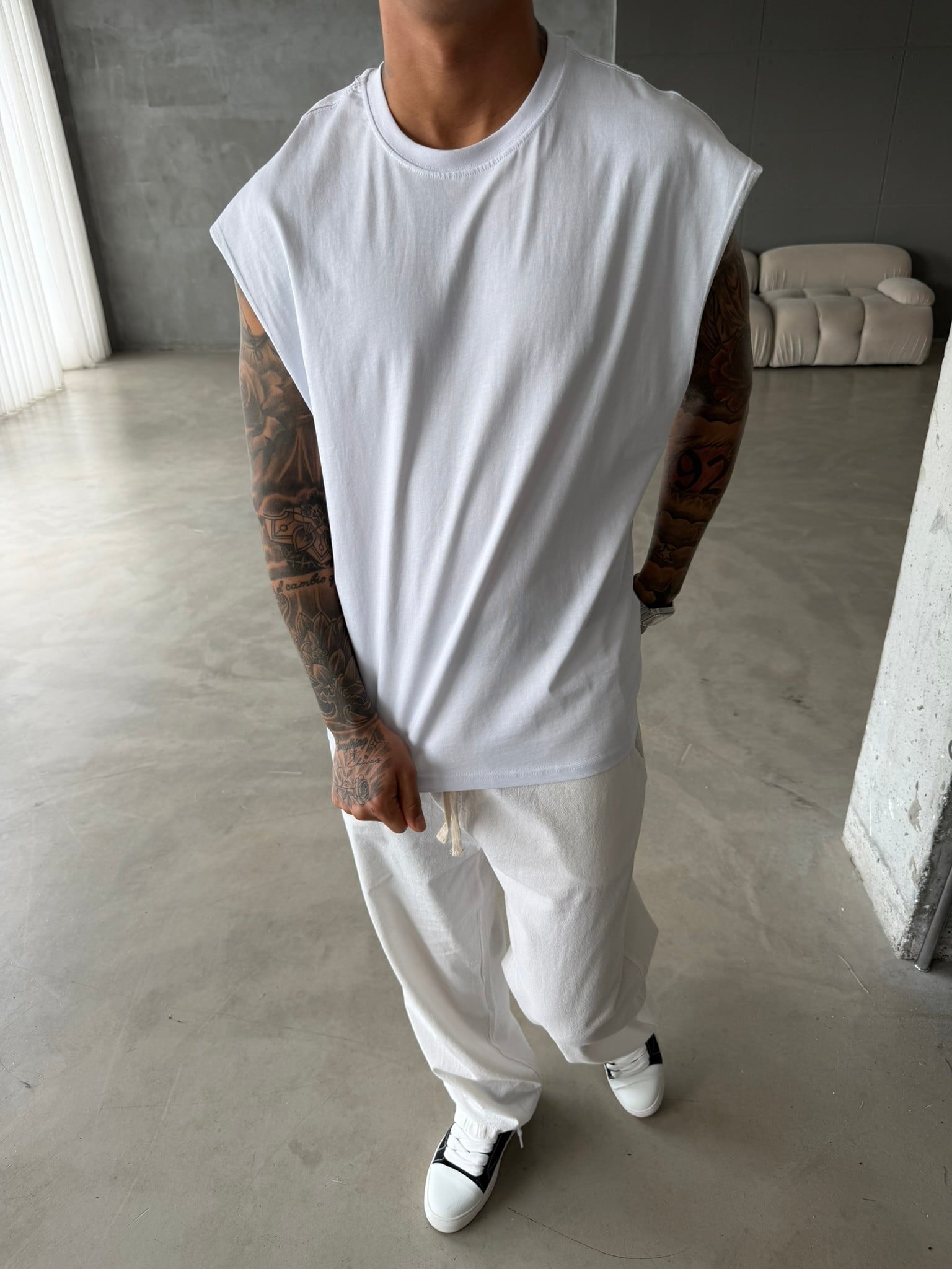 Sıfır Kol Basic Oversize T-Shirt - Beyaz