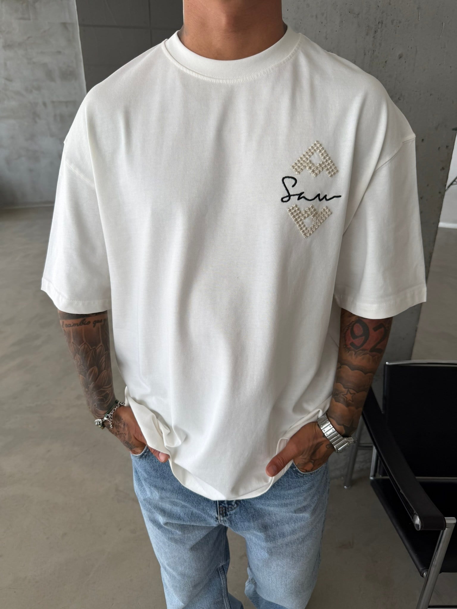 Swenty İşlemeli Premium T-Shirt - Beyaz
