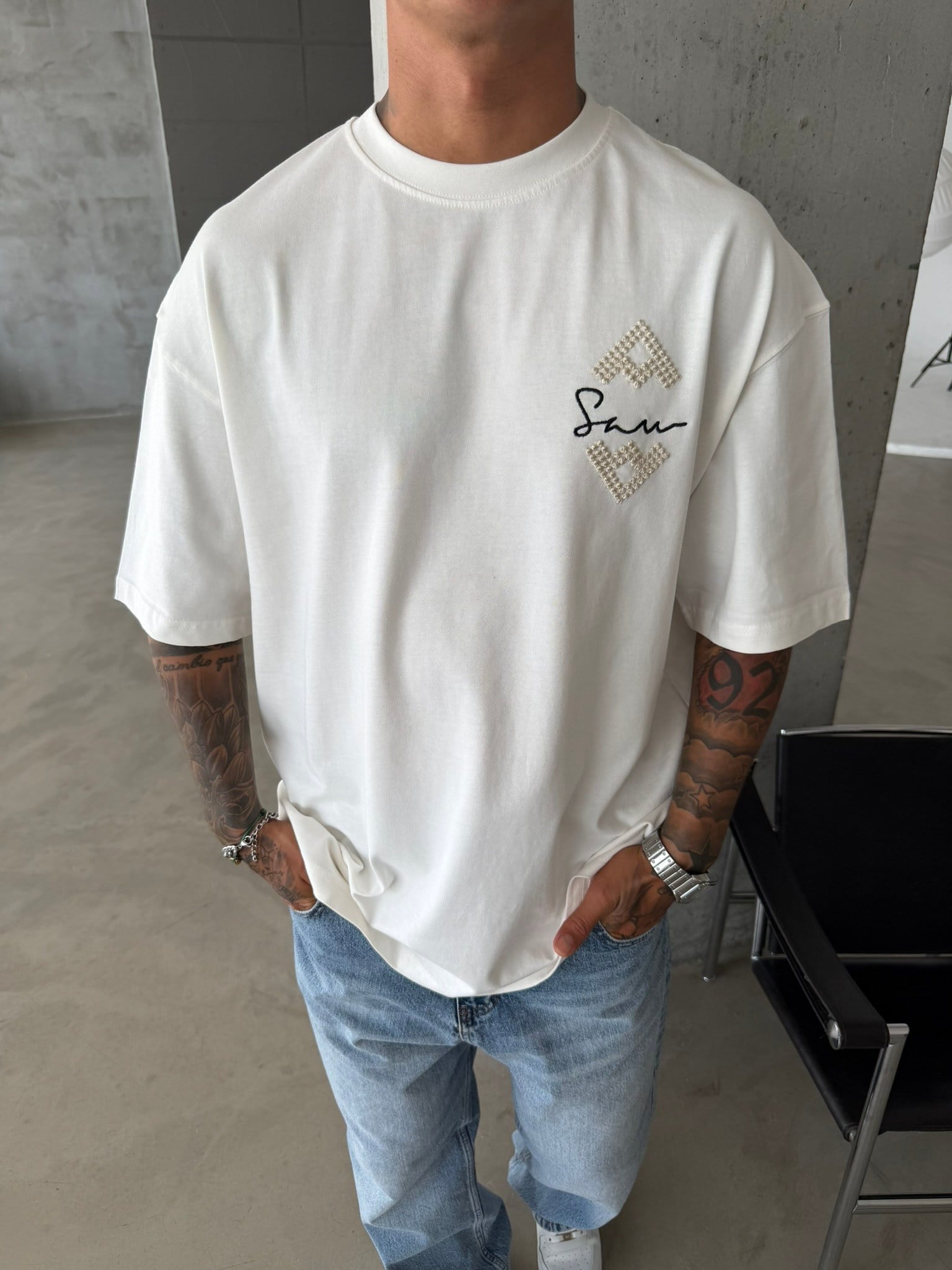 Swenty İşlemeli Premium T-Shirt - Beyaz