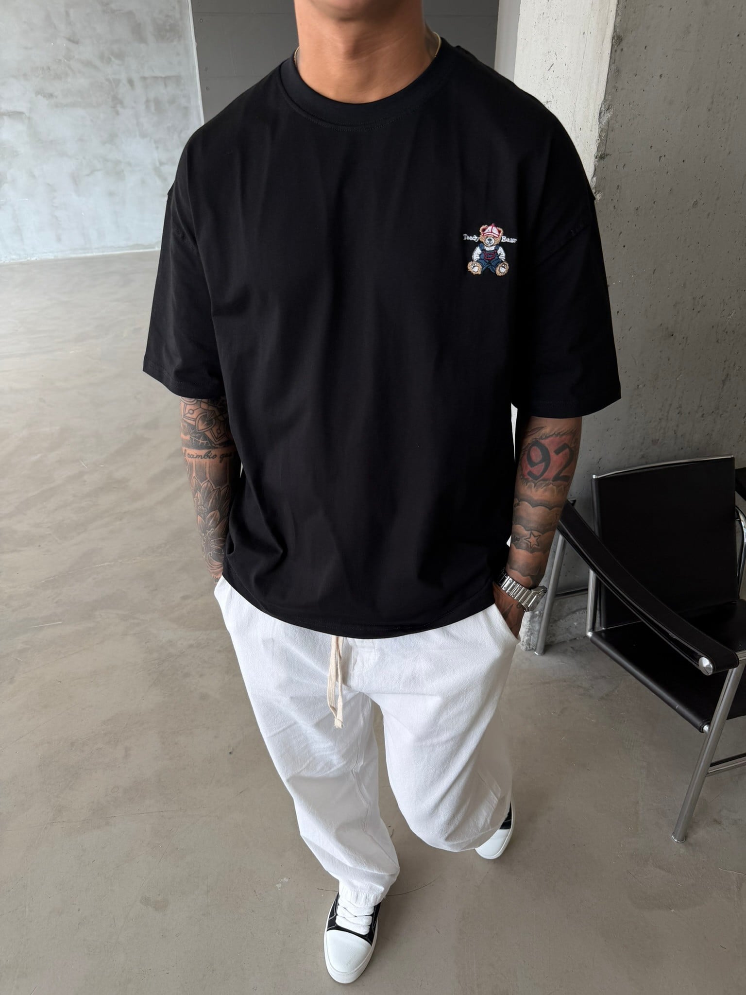 Tedy Bear Nakışlı Basic T-Shirt - Siyah