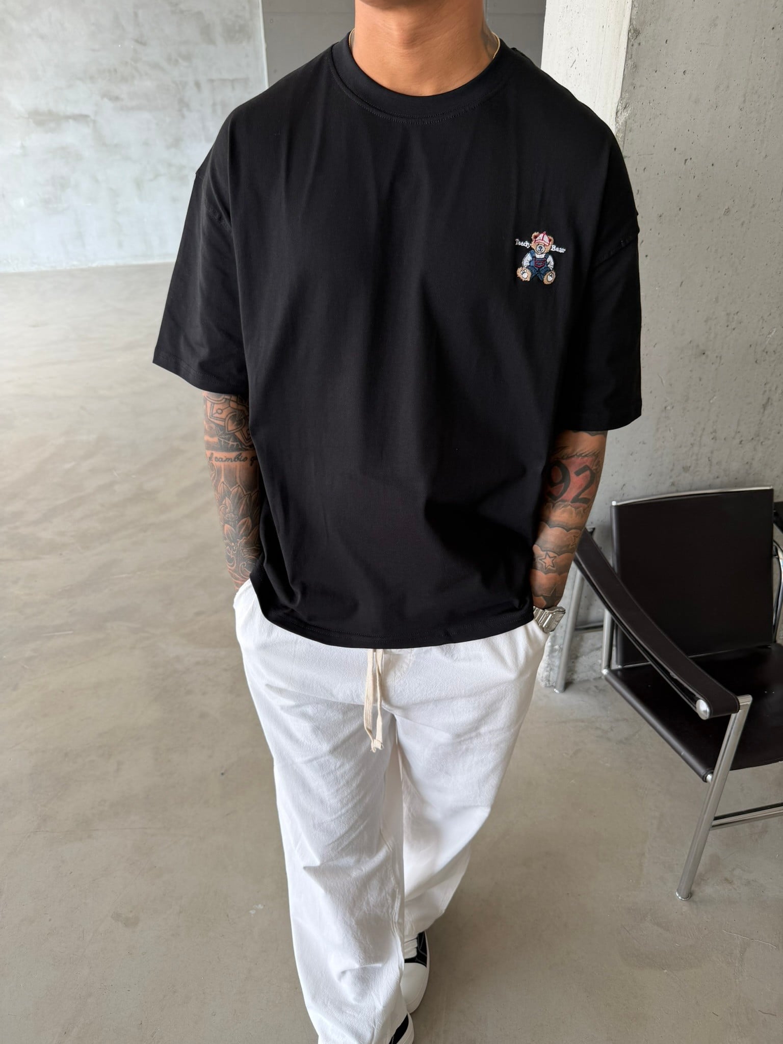 Tedy Bear Nakışlı Basic T-Shirt - Siyah